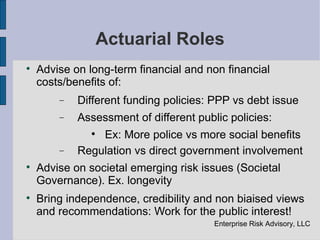 Actuarial Roles

    Advise on long-term financial and non financial
    costs/benefits of:
        −   Different funding policies: PPP vs debt issue
        −   Assessment of different public policies:
               
                Ex: More police vs more social benefits
        −   Regulation vs direct government involvement

    Advise on societal emerging risk issues (Societal
    Governance). Ex. longevity

    Bring independence, credibility and non biaised views
    and recommendations: Work for the public interest!
                                        Enterprise Risk Advisory, LLC
 