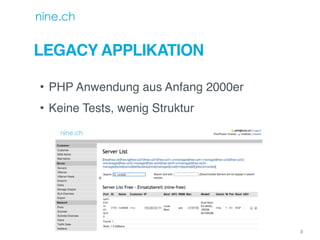 LEGACY APPLIKATION
• PHP Anwendung aus Anfang 2000er
• Keine Tests, wenig Struktur
3
 