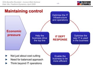 Maintaining controlEconomic pressureIT DEPT RESPONSENot just about cost cuttingNeed for balanced approachThink beyond IT operations
