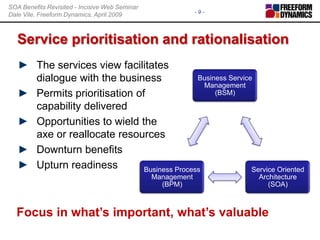 Service prioritisation and rationalisationThe services view facilitates dialogue with the businessPermits prioritisation of capability deliveredOpportunities to wield the axe or reallocate resourcesDownturn benefitsUpturn readinessFocus in what’s important, what’s valuable