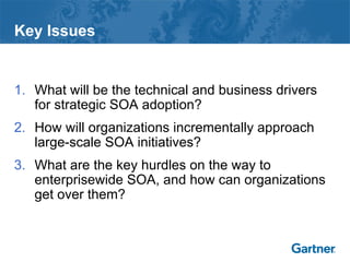 Key Issues
1. What will be the technical and business drivers
for strategic SOA adoption?
2. How will organizations incrementally approach
large-scale SOA initiatives?
3. What are the key hurdles on the way to
enterprisewide SOA, and how can organizations
get over them?
 