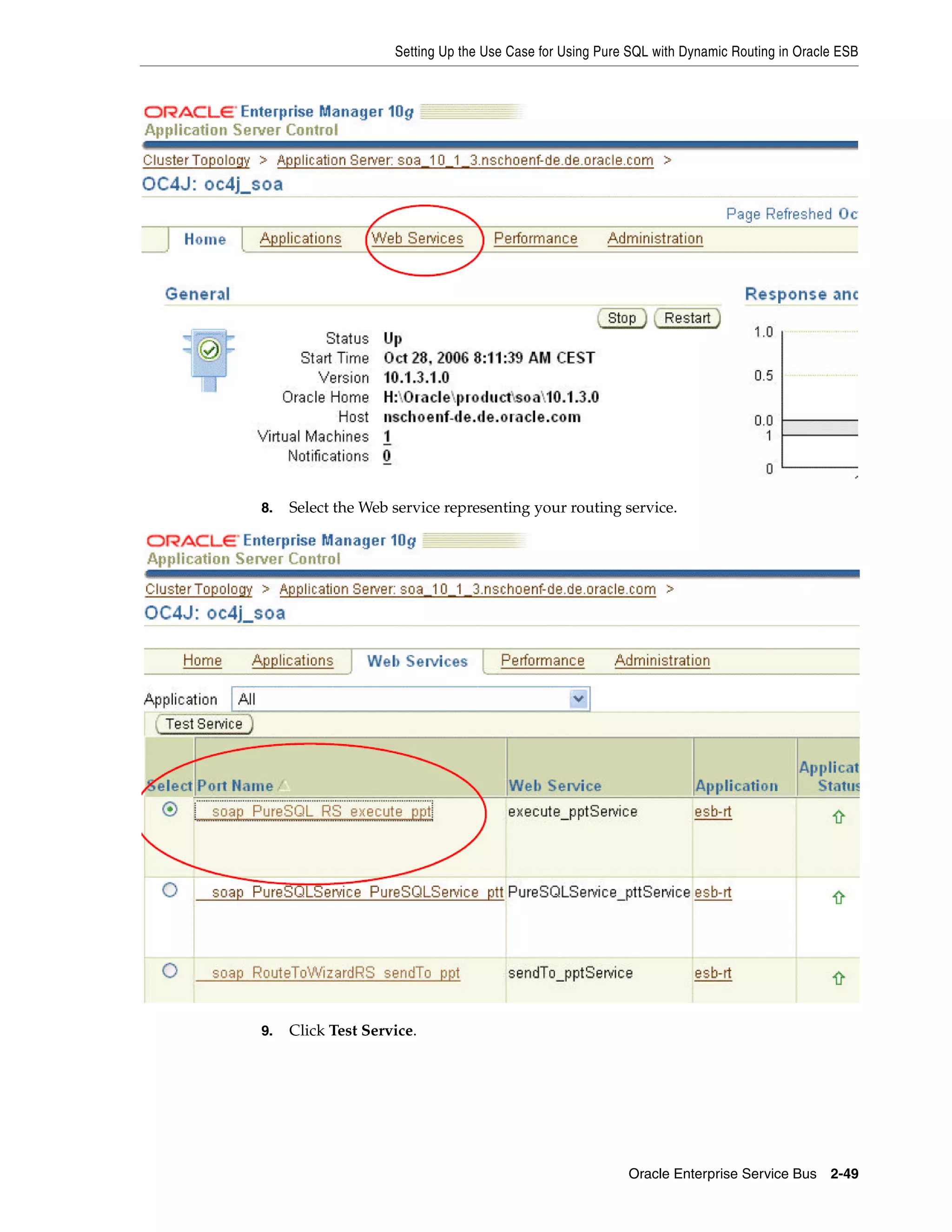 Setting Up the Use Case for Using Pure SQL with Dynamic Routing in Oracle ESB




8.   Select the Web service representing your routing service.




9.   Click Test Service.




                                                          Oracle Enterprise Service Bus 2-49
 