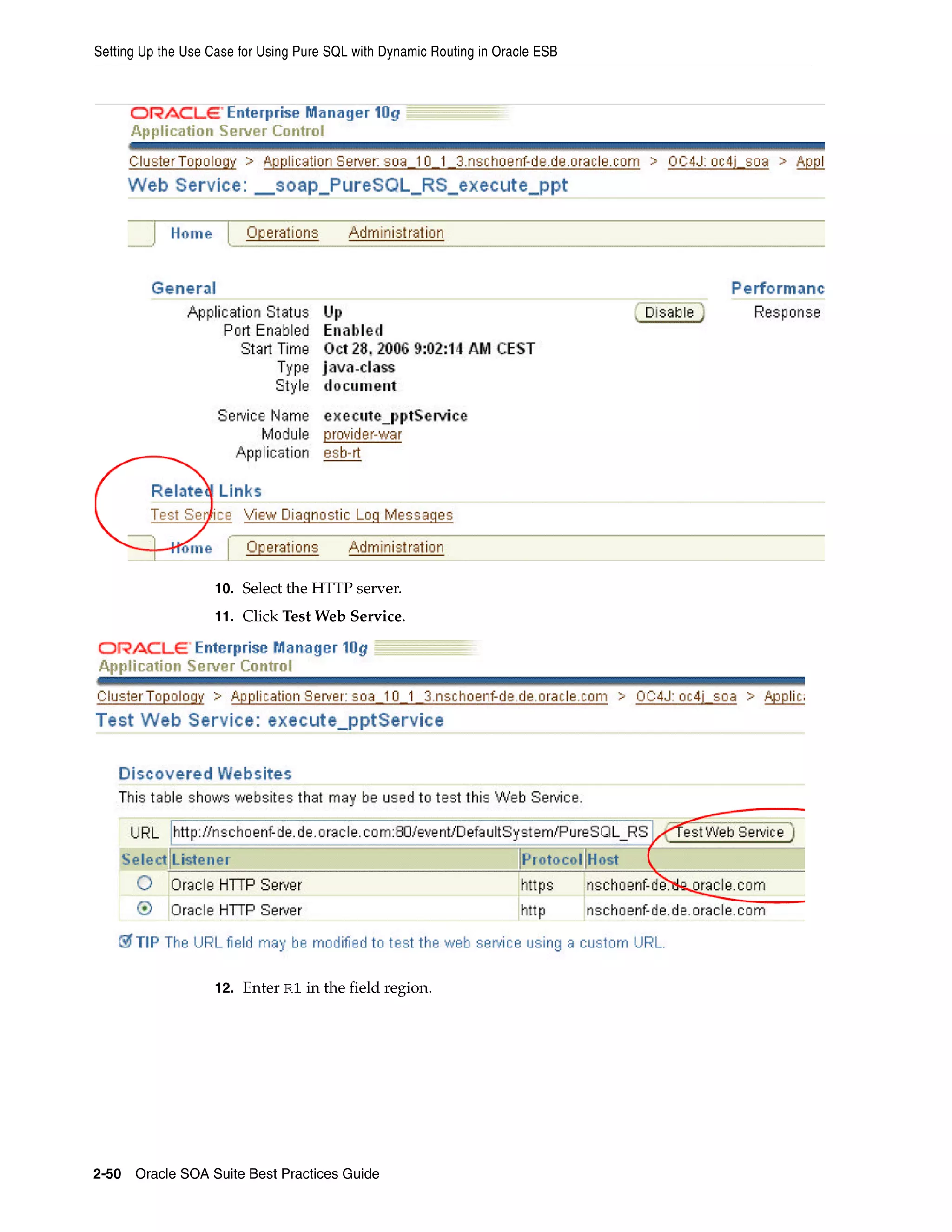 Setting Up the Use Case for Using Pure SQL with Dynamic Routing in Oracle ESB




                    10. Select the HTTP server.

                    11. Click Test Web Service.




                    12. Enter R1 in the field region.




2-50 Oracle SOA Suite Best Practices Guide
 