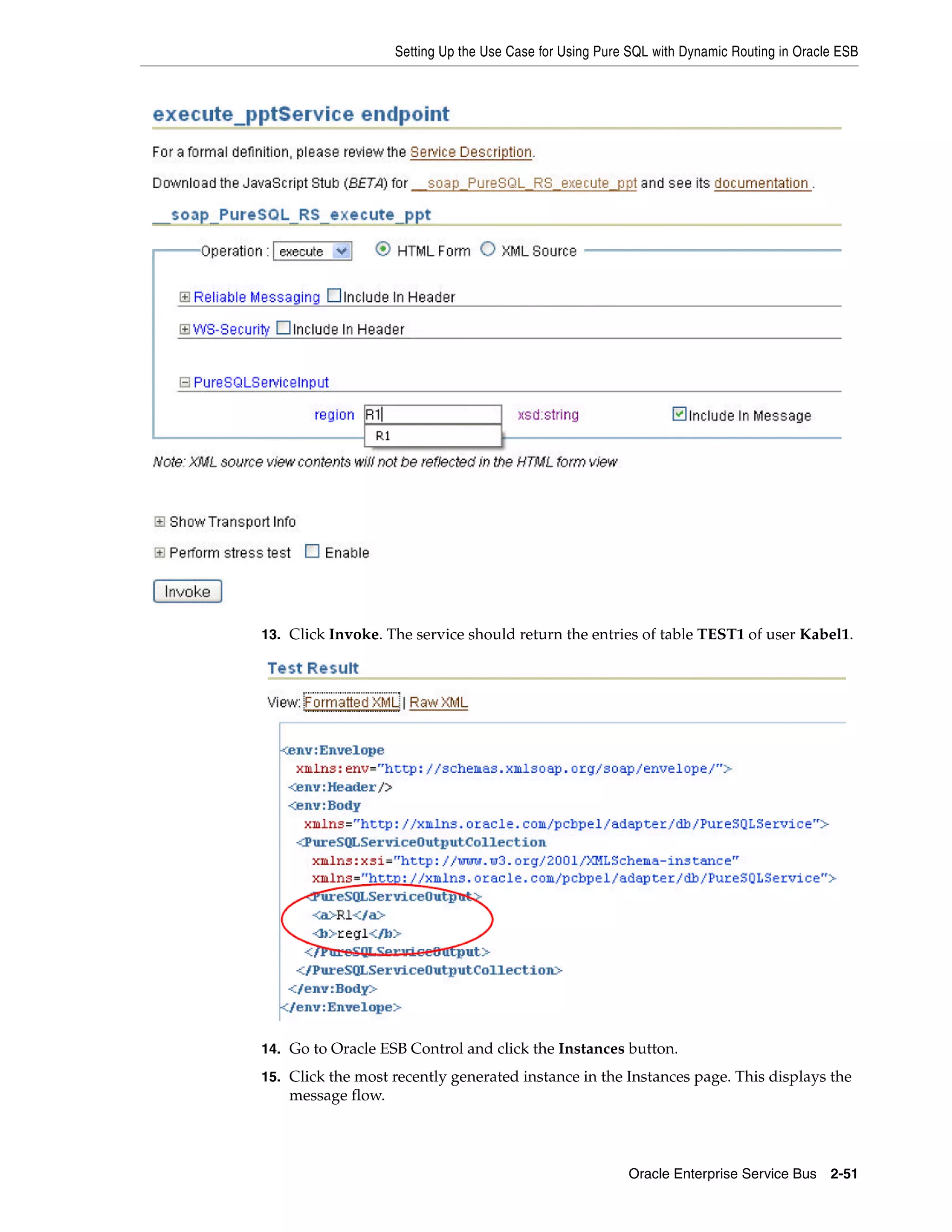 Setting Up the Use Case for Using Pure SQL with Dynamic Routing in Oracle ESB




13. Click Invoke. The service should return the entries of table TEST1 of user Kabel1.




14. Go to Oracle ESB Control and click the Instances button.

15. Click the most recently generated instance in the Instances page. This displays the
    message flow.




                                                          Oracle Enterprise Service Bus 2-51
 