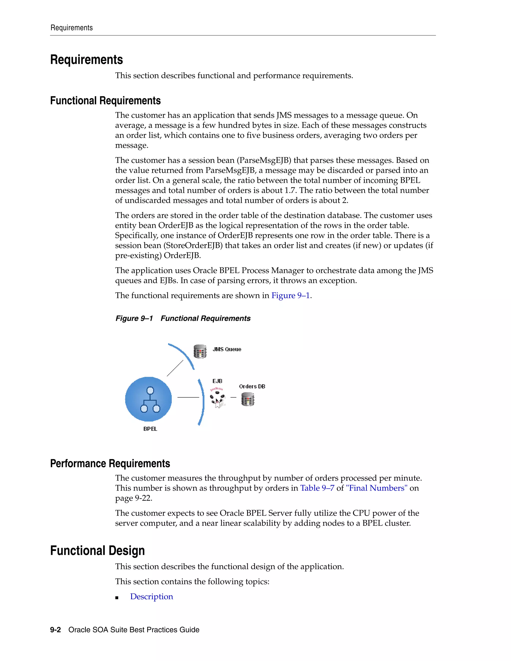 Requirements



Requirements
                 This section describes functional and performance requirements.


Functional Requirements
                 The customer has an application that sends JMS messages to a message queue. On
                 average, a message is a few hundred bytes in size. Each of these messages constructs
                 an order list, which contains one to five business orders, averaging two orders per
                 message.
                 The customer has a session bean (ParseMsgEJB) that parses these messages. Based on
                 the value returned from ParseMsgEJB, a message may be discarded or parsed into an
                 order list. On a general scale, the ratio between the total number of incoming BPEL
                 messages and total number of orders is about 1.7. The ratio between the total number
                 of undiscarded messages and total number of orders is about 2.
                 The orders are stored in the order table of the destination database. The customer uses
                 entity bean OrderEJB as the logical representation of the rows in the order table.
                 Specifically, one instance of OrderEJB represents one row in the order table. There is a
                 session bean (StoreOrderEJB) that takes an order list and creates (if new) or updates (if
                 pre-existing) OrderEJB.
                 The application uses Oracle BPEL Process Manager to orchestrate data among the JMS
                 queues and EJBs. In case of parsing errors, it throws an exception.
                 The functional requirements are shown in Figure 9–1.

                 Figure 9–1 Functional Requirements




Performance Requirements
                 The customer measures the throughput by number of orders processed per minute.
                 This number is shown as throughput by orders in Table 9–7 of "Final Numbers" on
                 page 9-22.
                 The customer expects to see Oracle BPEL Server fully utilize the CPU power of the
                 server computer, and a near linear scalability by adding nodes to a BPEL cluster.


Functional Design
                 This section describes the functional design of the application.
                 This section contains the following topics:
                 ■   Description


9-2 Oracle SOA Suite Best Practices Guide
 