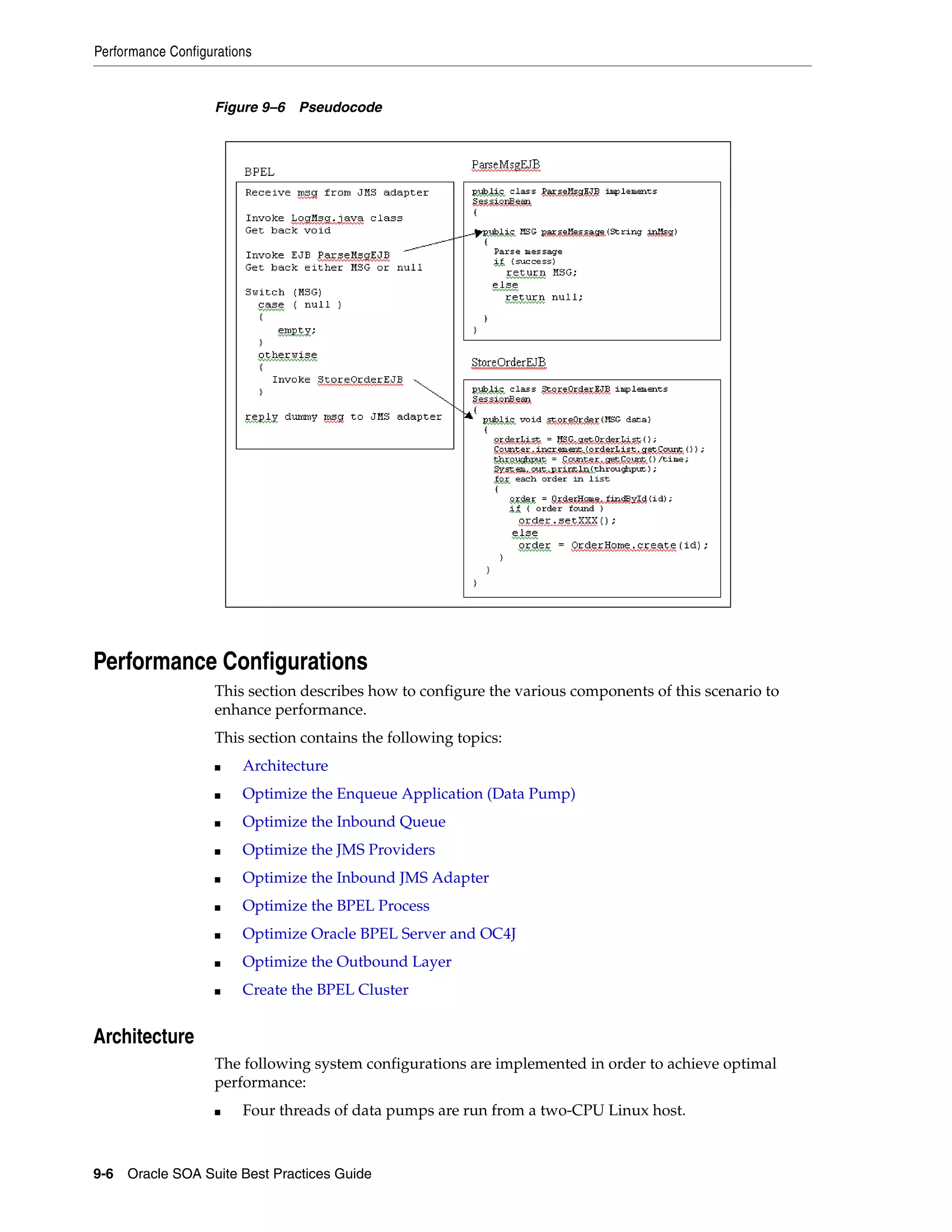 Performance Configurations


                   Figure 9–6 Pseudocode




Performance Configurations
                   This section describes how to configure the various components of this scenario to
                   enhance performance.
                   This section contains the following topics:
                   ■    Architecture
                   ■    Optimize the Enqueue Application (Data Pump)
                   ■    Optimize the Inbound Queue
                   ■    Optimize the JMS Providers
                   ■    Optimize the Inbound JMS Adapter
                   ■    Optimize the BPEL Process
                   ■    Optimize Oracle BPEL Server and OC4J
                   ■    Optimize the Outbound Layer
                   ■    Create the BPEL Cluster


Architecture
                   The following system configurations are implemented in order to achieve optimal
                   performance:
                   ■    Four threads of data pumps are run from a two-CPU Linux host.



9-6 Oracle SOA Suite Best Practices Guide
 
