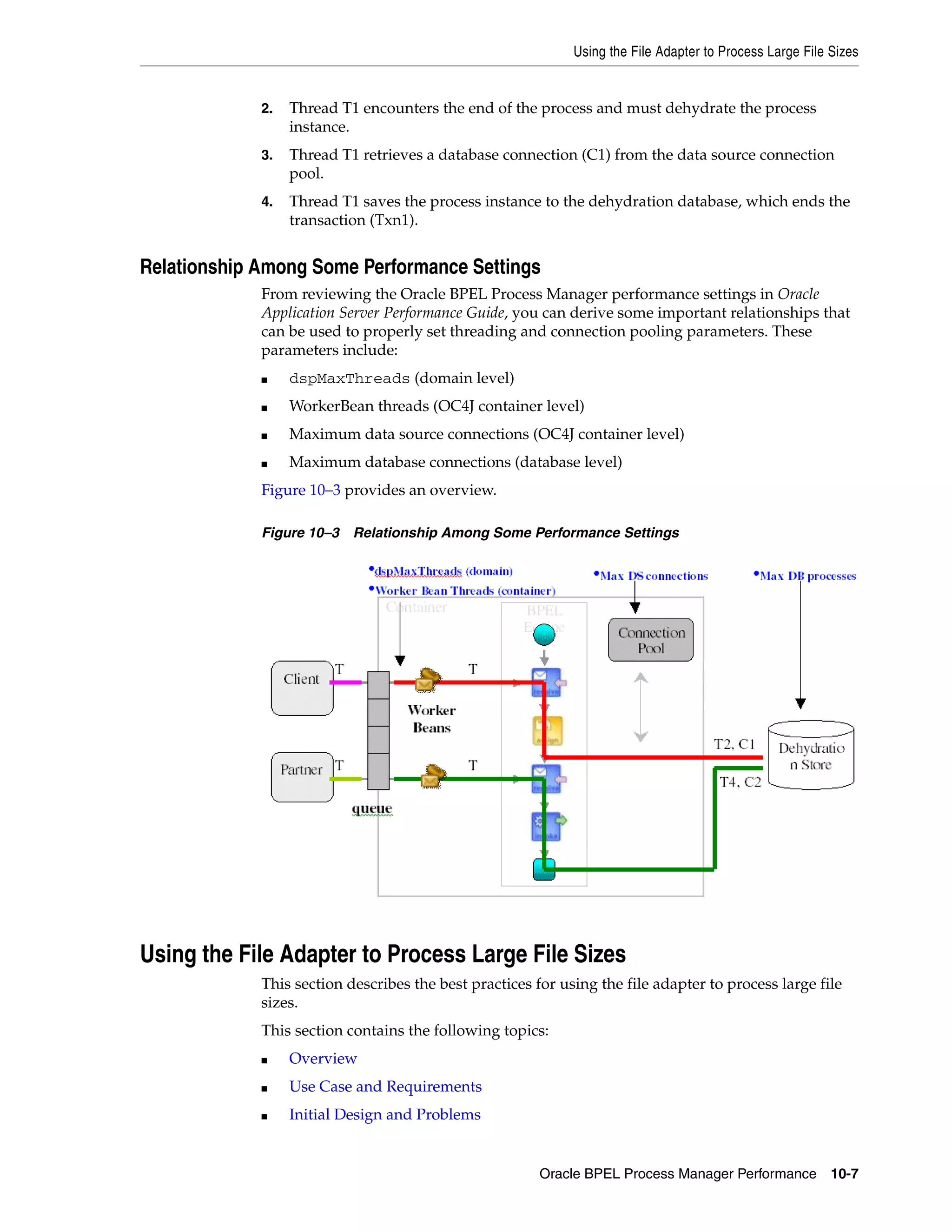 Using the File Adapter to Process Large File Sizes


             2.   Thread T1 encounters the end of the process and must dehydrate the process
                  instance.
             3.   Thread T1 retrieves a database connection (C1) from the data source connection
                  pool.
             4.   Thread T1 saves the process instance to the dehydration database, which ends the
                  transaction (Txn1).


Relationship Among Some Performance Settings
             From reviewing the Oracle BPEL Process Manager performance settings in Oracle
             Application Server Performance Guide, you can derive some important relationships that
             can be used to properly set threading and connection pooling parameters. These
             parameters include:
             ■    dspMaxThreads (domain level)
             ■    WorkerBean threads (OC4J container level)
             ■    Maximum data source connections (OC4J container level)
             ■    Maximum database connections (database level)
             Figure 10–3 provides an overview.

             Figure 10–3 Relationship Among Some Performance Settings




Using the File Adapter to Process Large File Sizes
             This section describes the best practices for using the file adapter to process large file
             sizes.
             This section contains the following topics:
             ■    Overview
             ■    Use Case and Requirements
             ■    Initial Design and Problems


                                                        Oracle BPEL Process Manager Performance           10-7
 
