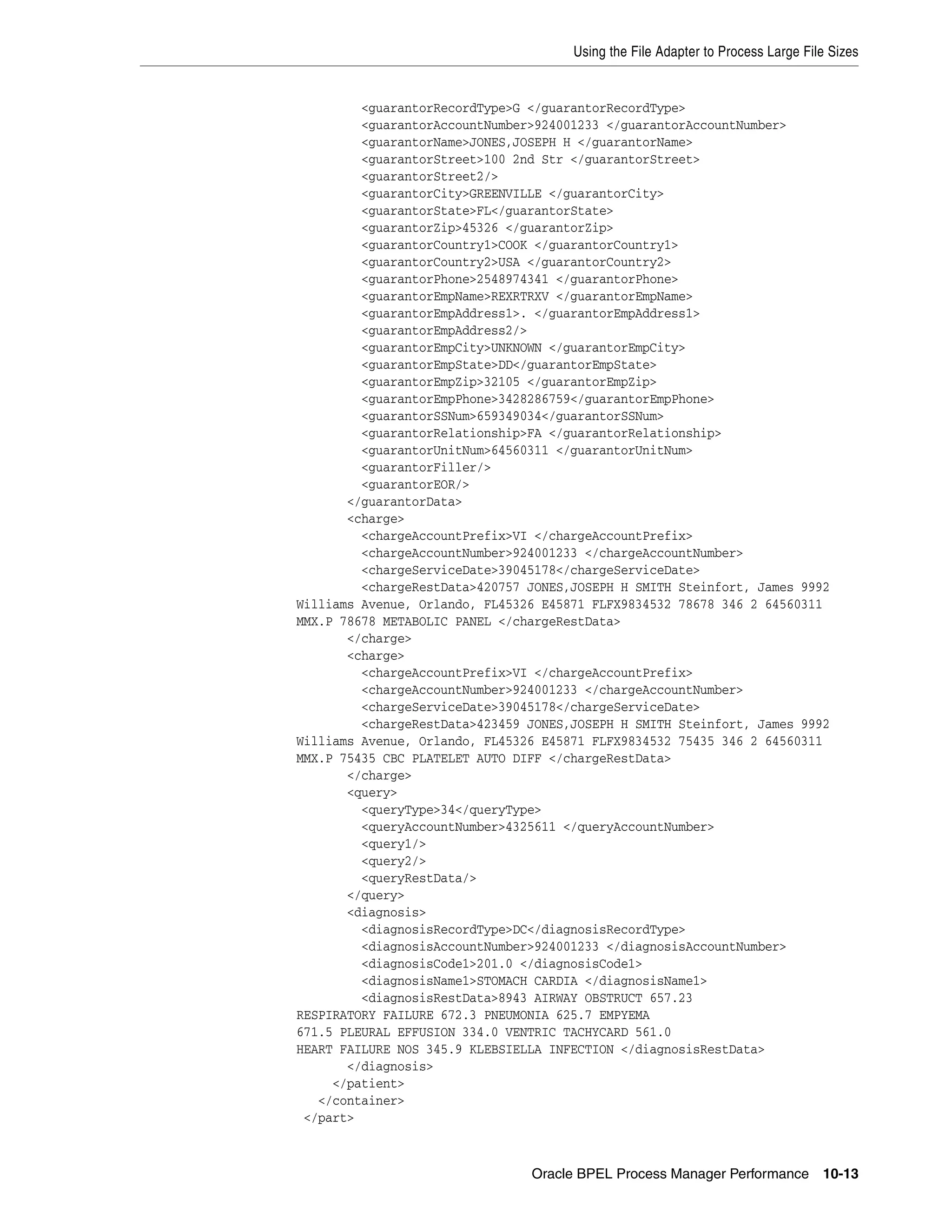 Using the File Adapter to Process Large File Sizes


         <guarantorRecordType>G </guarantorRecordType>
         <guarantorAccountNumber>924001233 </guarantorAccountNumber>
         <guarantorName>JONES,JOSEPH H </guarantorName>
         <guarantorStreet>100 2nd Str </guarantorStreet>
         <guarantorStreet2/>
         <guarantorCity>GREENVILLE </guarantorCity>
         <guarantorState>FL</guarantorState>
         <guarantorZip>45326 </guarantorZip>
         <guarantorCountry1>COOK </guarantorCountry1>
         <guarantorCountry2>USA </guarantorCountry2>
         <guarantorPhone>2548974341 </guarantorPhone>
         <guarantorEmpName>REXRTRXV </guarantorEmpName>
         <guarantorEmpAddress1>. </guarantorEmpAddress1>
         <guarantorEmpAddress2/>
         <guarantorEmpCity>UNKNOWN </guarantorEmpCity>
         <guarantorEmpState>DD</guarantorEmpState>
         <guarantorEmpZip>32105 </guarantorEmpZip>
         <guarantorEmpPhone>3428286759</guarantorEmpPhone>
         <guarantorSSNum>659349034</guarantorSSNum>
         <guarantorRelationship>FA </guarantorRelationship>
         <guarantorUnitNum>64560311 </guarantorUnitNum>
         <guarantorFiller/>
         <guarantorEOR/>
       </guarantorData>
       <charge>
         <chargeAccountPrefix>VI </chargeAccountPrefix>
         <chargeAccountNumber>924001233 </chargeAccountNumber>
         <chargeServiceDate>39045178</chargeServiceDate>
         <chargeRestData>420757 JONES,JOSEPH H SMITH Steinfort, James 9992
Williams Avenue, Orlando, FL45326 E45871 FLFX9834532 78678 346 2 64560311
MMX.P 78678 METABOLIC PANEL </chargeRestData>
       </charge>
       <charge>
         <chargeAccountPrefix>VI </chargeAccountPrefix>
         <chargeAccountNumber>924001233 </chargeAccountNumber>
         <chargeServiceDate>39045178</chargeServiceDate>
         <chargeRestData>423459 JONES,JOSEPH H SMITH Steinfort, James 9992
Williams Avenue, Orlando, FL45326 E45871 FLFX9834532 75435 346 2 64560311
MMX.P 75435 CBC PLATELET AUTO DIFF </chargeRestData>
       </charge>
       <query>
         <queryType>34</queryType>
         <queryAccountNumber>4325611 </queryAccountNumber>
         <query1/>
         <query2/>
         <queryRestData/>
       </query>
       <diagnosis>
         <diagnosisRecordType>DC</diagnosisRecordType>
         <diagnosisAccountNumber>924001233 </diagnosisAccountNumber>
         <diagnosisCode1>201.0 </diagnosisCode1>
         <diagnosisName1>STOMACH CARDIA </diagnosisName1>
         <diagnosisRestData>8943 AIRWAY OBSTRUCT 657.23
RESPIRATORY FAILURE 672.3 PNEUMONIA 625.7 EMPYEMA
671.5 PLEURAL EFFUSION 334.0 VENTRIC TACHYCARD 561.0
HEART FAILURE NOS 345.9 KLEBSIELLA INFECTION </diagnosisRestData>
       </diagnosis>
     </patient>
   </container>
 </part>



                                Oracle BPEL Process Manager Performance 10-13
 