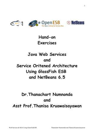 1




                                        Hand-on
                                        Exercises

               Java Web Services
                       and
          Service Oritened Architecture
              Using GlassFish ESB
                and NetBeans 6.5



        Dr.Thanachart Numnonda
                  and
    Asst Prof.Thanisa Kruawaisayawan




Web Services & SOA Using GlassFishESB         Thanachart Numnonda and Thanisa Kruawaisayawan
 