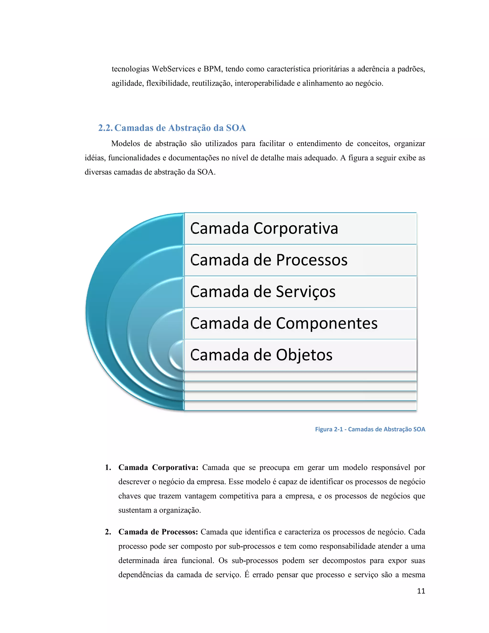 tecnologias WebServices e BPM, tendo como característica prioritárias a aderência a padrões,
        agilidade, flexibilidade, reutilização, interoperabilidade e alinhamento ao negócio.




    2.2. Camadas de Abstração da SOA
       Modelos de abstração são utilizados para facilitar o entendimento de conceitos organizar
                                                                            conceitos,
idéias, funcionalidades e documentações no nível de detalhe mais adequado. A figura a seguir exibe as
diversas camadas de abstração da SOA.




                                Camada Corporativa
                                Camada de Processos
                                Camada de Serviços
                                Camada de Componentes
                                Camada de Objetos


                                                                      Figura 2-1 - Camadas de Abstração SOA




     1. Camada Corporativa: Camada que se preocupa em gerar um modelo responsável por
          descrever o negócio da empresa. Esse modelo é capaz de identificar os processos de negócio
          chaves que trazem vantagem competitiva para a empresa, e os processos de negócios que
          sustentam a organização.
           ustentam

     2. Camada de Processos: Camada que identifica e caracteriza os processos de negócio. Cada
          processo pode ser composto por sub-processos e tem como responsabilidade atender a uma
                                         sub processos
          determinada área funcional. Os sub-processos podem ser decompostos para expor suas
                                         sub processos
          dependências da camada de serviço. É errado pensar que processo e serviço são a mesma
                          camada
                                                                                                        11
 