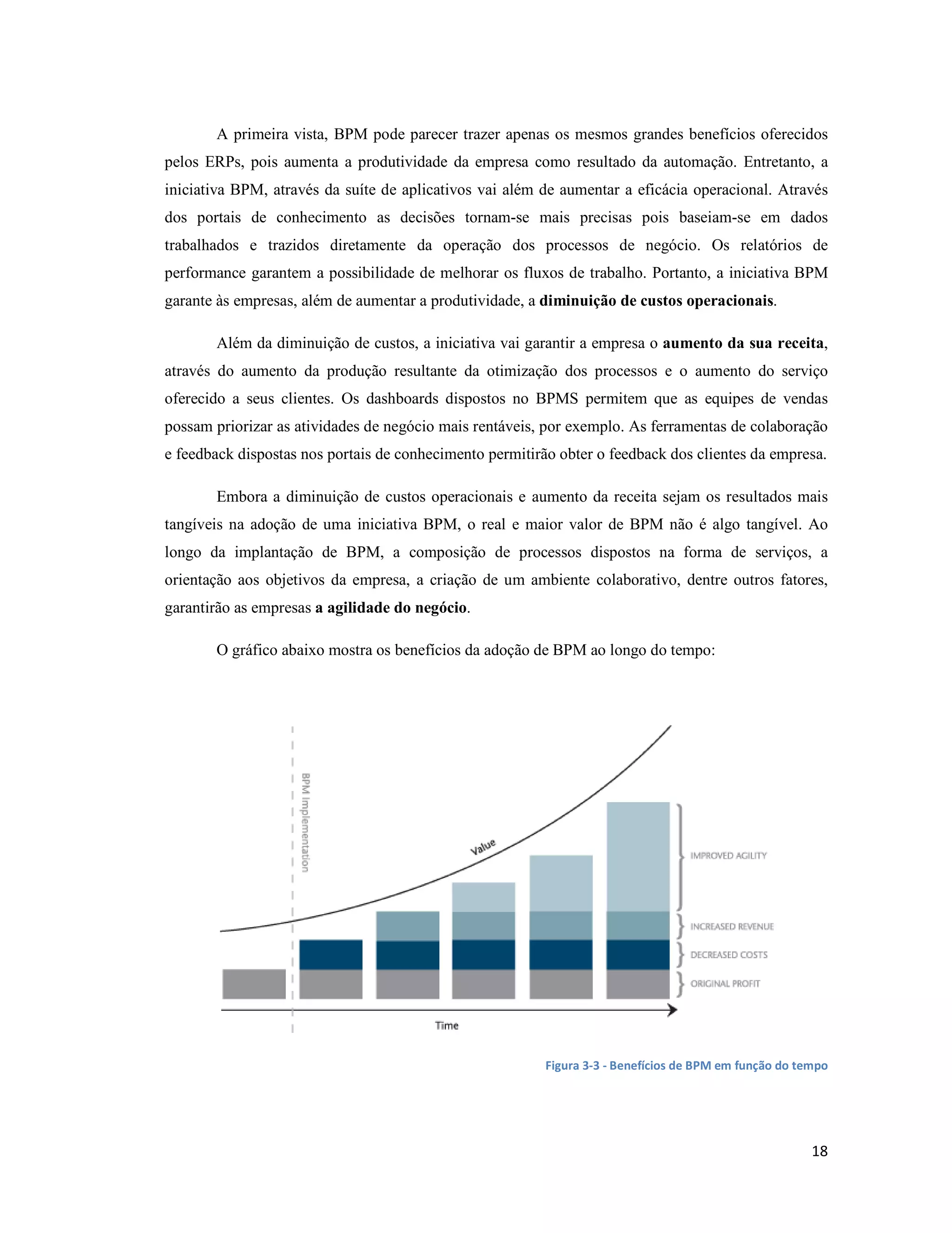A primeira vista, BPM pode parecer trazer apenas os mesmos grandes benefícios oferecidos
pelos ERPs, pois aumenta a produtividade da empresa como resultado da automação. Entretanto, a
iniciativa BPM, através da suíte de aplicativos vai além de aumentar a eficácia operacional. Através
dos portais de conhecimento as decisões tornam-se mais precisas pois baseiam-se em dados
trabalhados e trazidos diretamente da operação dos processos de negócio. Os relatórios de
performance garantem a possibilidade de melhorar os fluxos de trabalho. Portanto, a iniciativa BPM
garante às empresas, além de aumentar a produtividade, a diminuição de custos operacionais.

       Além da diminuição de custos, a iniciativa vai garantir a empresa o aumento da sua receita,
através do aumento da produção resultante da otimização dos processos e o aumento do serviço
oferecido a seus clientes. Os dashboards dispostos no BPMS permitem que as equipes de vendas
possam priorizar as atividades de negócio mais rentáveis, por exemplo. As ferramentas de colaboração
e feedback dispostas nos portais de conhecimento permitirão obter o feedback dos clientes da empresa.

       Embora a diminuição de custos operacionais e aumento da receita sejam os resultados mais
tangíveis na adoção de uma iniciativa BPM, o real e maior valor de BPM não é algo tangível. Ao
longo da implantação de BPM, a composição de processos dispostos na forma de serviços, a
orientação aos objetivos da empresa, a criação de um ambiente colaborativo, dentre outros fatores,
garantirão as empresas a agilidade do negócio.

       O gráfico abaixo mostra os benefícios da adoção de BPM ao longo do tempo:




                                                          Figura 3-3 - Benefícios de BPM em função do tempo




                                                                                                        18
 