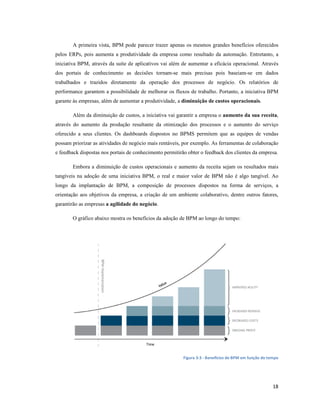 A primeira vista, BPM pode parecer trazer apenas os mesmos grandes benefícios oferecidos
pelos ERPs, pois aumenta a produtividade da empresa como resultado da automação. Entretanto, a
iniciativa BPM, através da suíte de aplicativos vai além de aumentar a eficácia operacional. Através
dos portais de conhecimento as decisões tornam-se mais precisas pois baseiam-se em dados
trabalhados e trazidos diretamente da operação dos processos de negócio. Os relatórios de
performance garantem a possibilidade de melhorar os fluxos de trabalho. Portanto, a iniciativa BPM
garante às empresas, além de aumentar a produtividade, a diminuição de custos operacionais.

       Além da diminuição de custos, a iniciativa vai garantir a empresa o aumento da sua receita,
através do aumento da produção resultante da otimização dos processos e o aumento do serviço
oferecido a seus clientes. Os dashboards dispostos no BPMS permitem que as equipes de vendas
possam priorizar as atividades de negócio mais rentáveis, por exemplo. As ferramentas de colaboração
e feedback dispostas nos portais de conhecimento permitirão obter o feedback dos clientes da empresa.

       Embora a diminuição de custos operacionais e aumento da receita sejam os resultados mais
tangíveis na adoção de uma iniciativa BPM, o real e maior valor de BPM não é algo tangível. Ao
longo da implantação de BPM, a composição de processos dispostos na forma de serviços, a
orientação aos objetivos da empresa, a criação de um ambiente colaborativo, dentre outros fatores,
garantirão as empresas a agilidade do negócio.

       O gráfico abaixo mostra os benefícios da adoção de BPM ao longo do tempo:




                                                          Figura 3-3 - Benefícios de BPM em função do tempo




                                                                                                        18
 