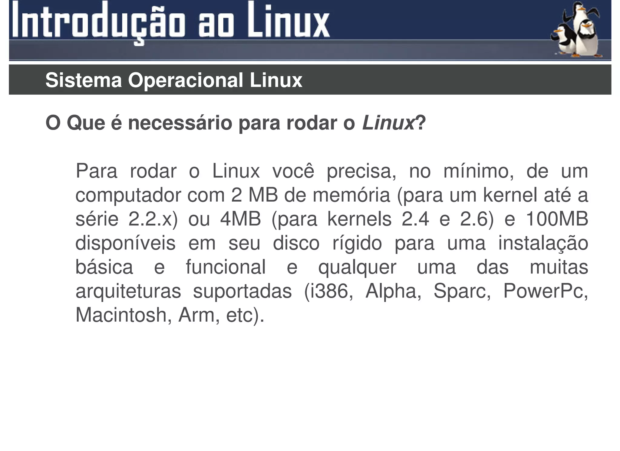 Sistema Operacional Linux

O Que é necessário para rodar o Linux?

  Para rodar o Linux você precisa, no mínimo, de um
  computador com 2 MB de memória (para um kernel até a
  série 2.2.x) ou 4MB (para kernels 2.4 e 2.6) e 100MB
  disponíveis em seu disco rígido para uma instalação
  básica e funcional e qualquer uma das muitas
  arquiteturas suportadas (i386, Alpha, Sparc, PowerPc,
  Macintosh, Arm, etc).
 
