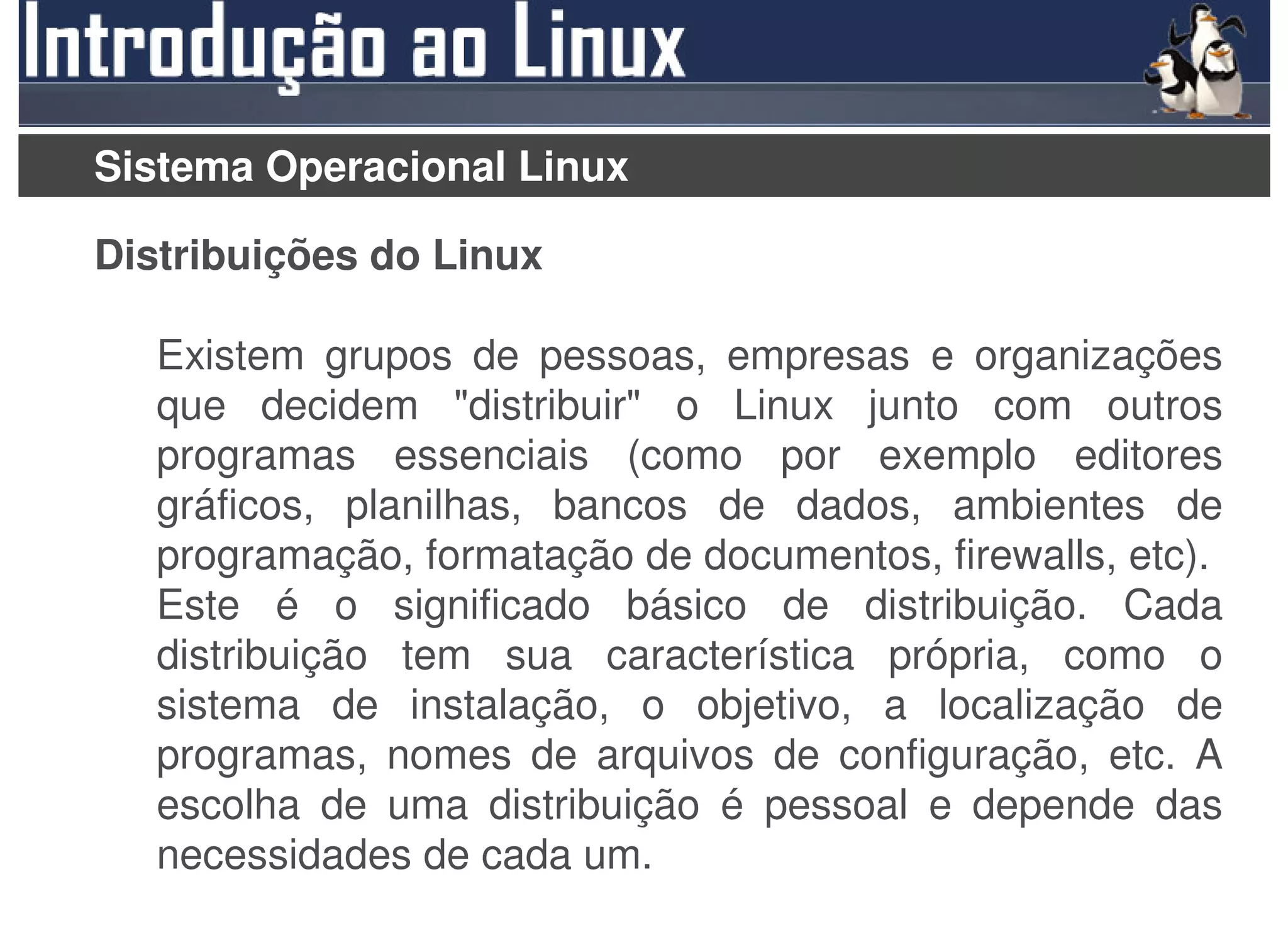 Sistema Operacional Linux

Distribuições do Linux

   Existem grupos de pessoas, empresas e organizações
   que decidem "distribuir" o Linux junto com outros
   programas essenciais (como por exemplo editores
   gráficos, planilhas, bancos de dados, ambientes de
   programação, formatação de documentos, firewalls, etc).
   Este é o significado básico de distribuição. Cada
   distribuição tem sua característica própria, como o
   sistema de instalação, o objetivo, a localização de
   programas, nomes de arquivos de configuração, etc. A
   escolha de uma distribuição é pessoal e depende das
   necessidades de cada um.
 