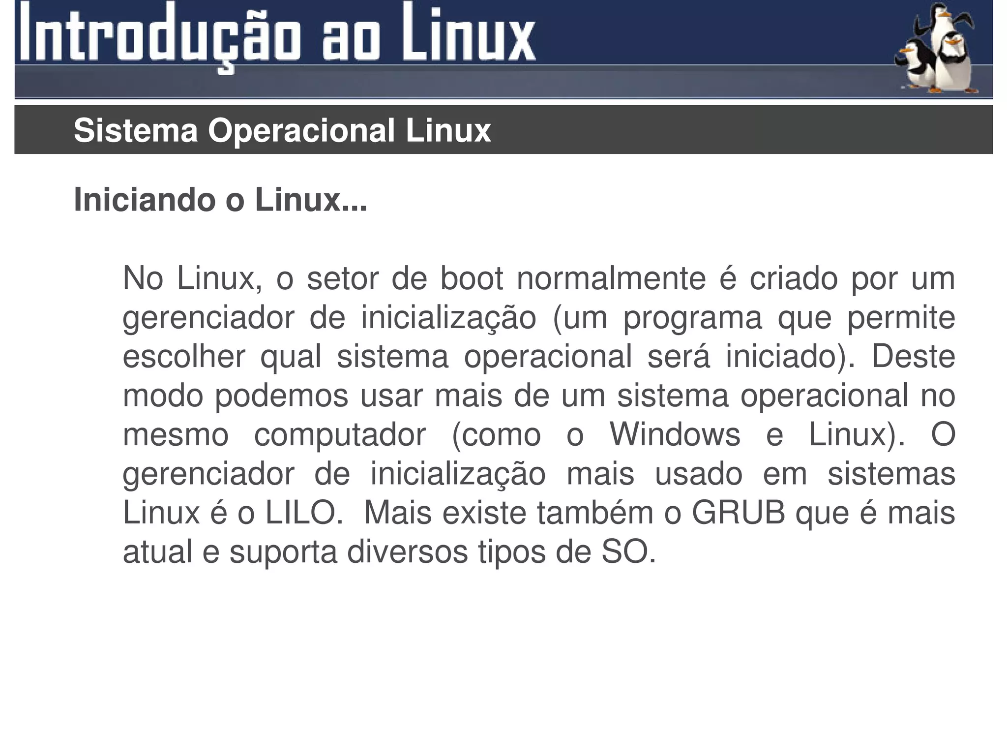 Sistema Operacional Linux

Iniciando o Linux...

   No Linux, o setor de boot normalmente é criado por um
   gerenciador de inicialização (um programa que permite
   escolher qual sistema operacional será iniciado). Deste
   modo podemos usar mais de um sistema operacional no
   mesmo computador (como o Windows e Linux). O
   gerenciador de inicialização mais usado em sistemas
   Linux é o LILO. Mais existe também o GRUB que é mais
   atual e suporta diversos tipos de SO.
 