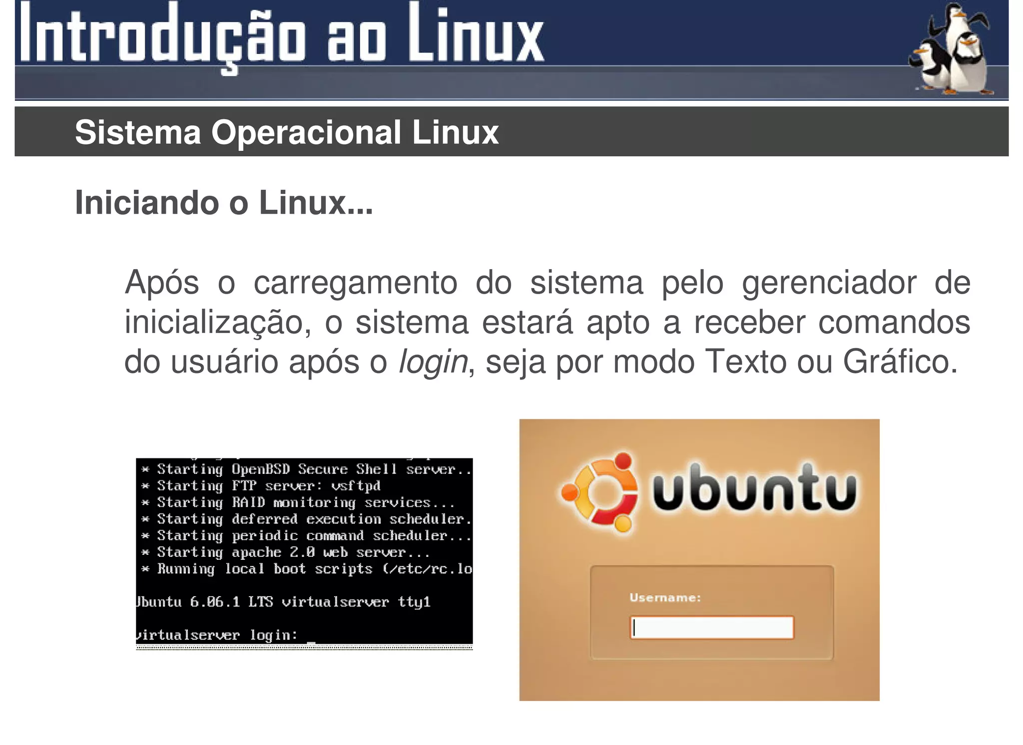 Sistema Operacional Linux

Iniciando o Linux...

   Após o carregamento do sistema pelo gerenciador de
   inicialização, o sistema estará apto a receber comandos
   do usuário após o login, seja por modo Texto ou Gráfico.
 