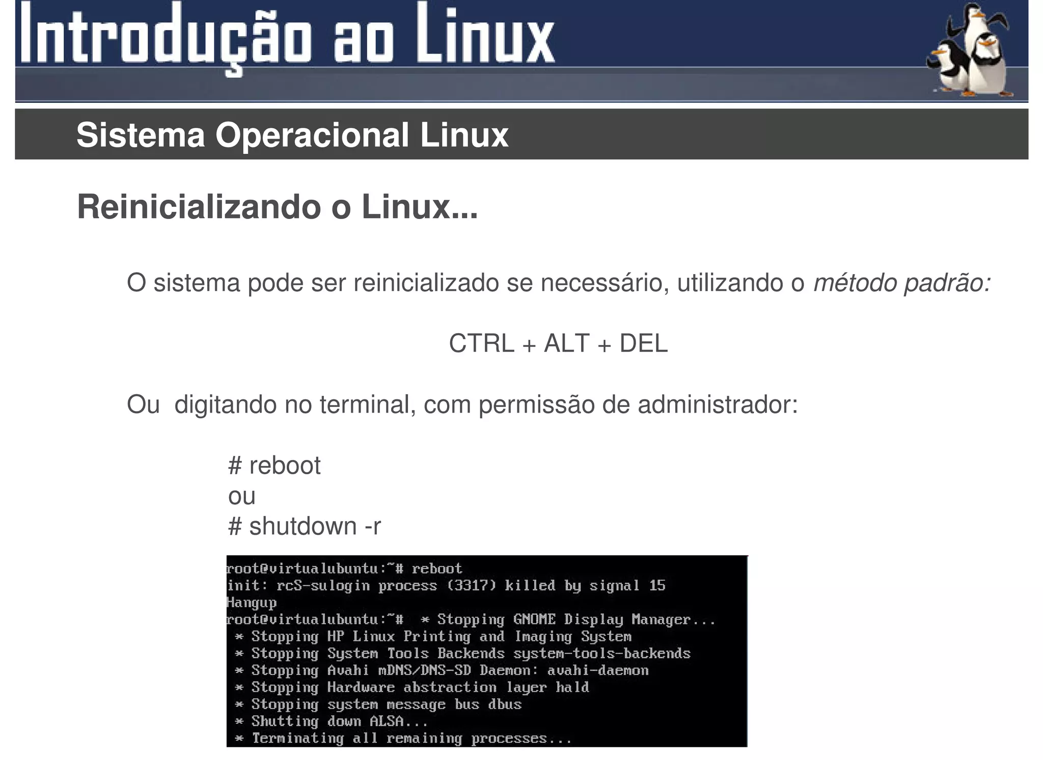 Sistema Operacional Linux

Reinicializando o Linux...

   O sistema pode ser reinicializado se necessário, utilizando o método padrão:

                               CTRL + ALT + DEL

   Ou digitando no terminal, com permissão de administrador:

           # reboot
           ou
           # shutdown -r
 