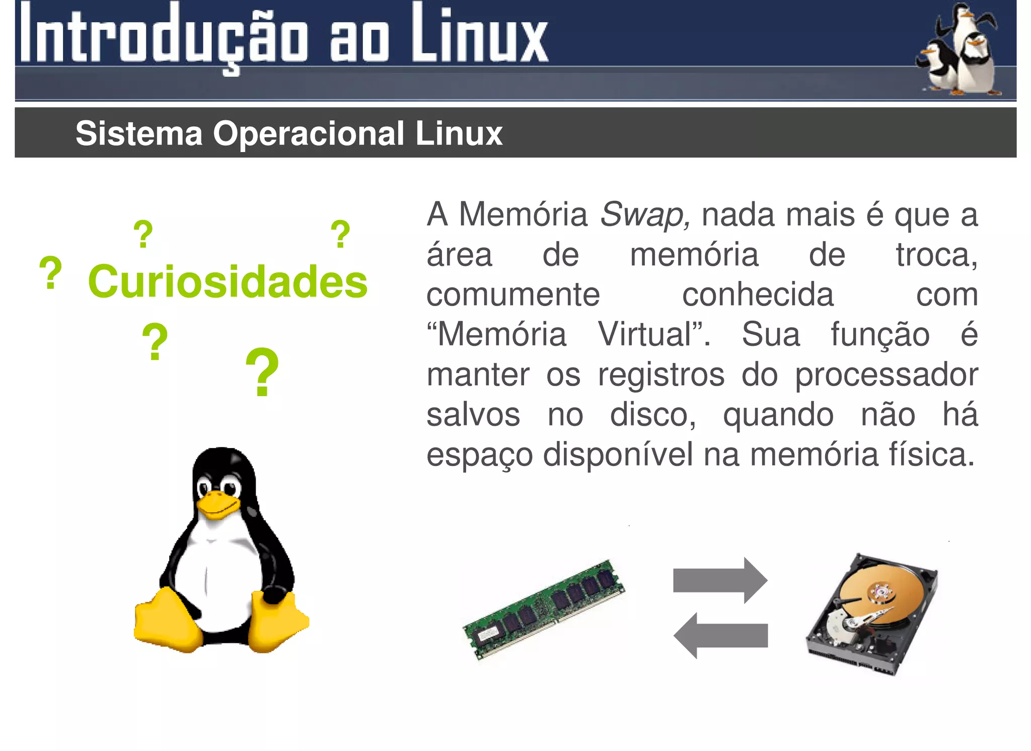 Sistema Operacional Linux

                     A Memória Swap, nada mais é que a
    ?          ?     área de memória de troca,
? Curiosidades       comumente       conhecida       com
    ?                “Memória Virtual”. Sua função é
          ?          manter os registros do processador
                     salvos no disco, quando não há
                     espaço disponível na memória física.
 