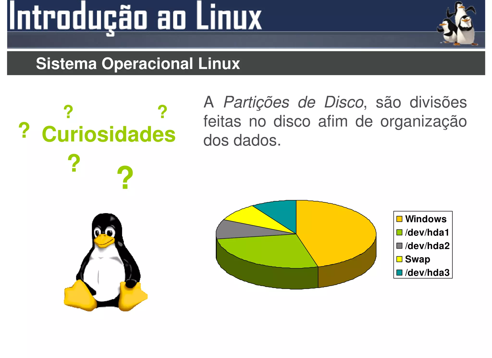 Sistema Operacional Linux

                     A Partições de Disco, são divisões
    ?          ?     feitas no disco afim de organização
? Curiosidades       dos dados.
    ?
          ?
                                               Windows
                                               /dev/hda1
                                               /dev/hda2
                                               Swap
                                               /dev/hda3
 