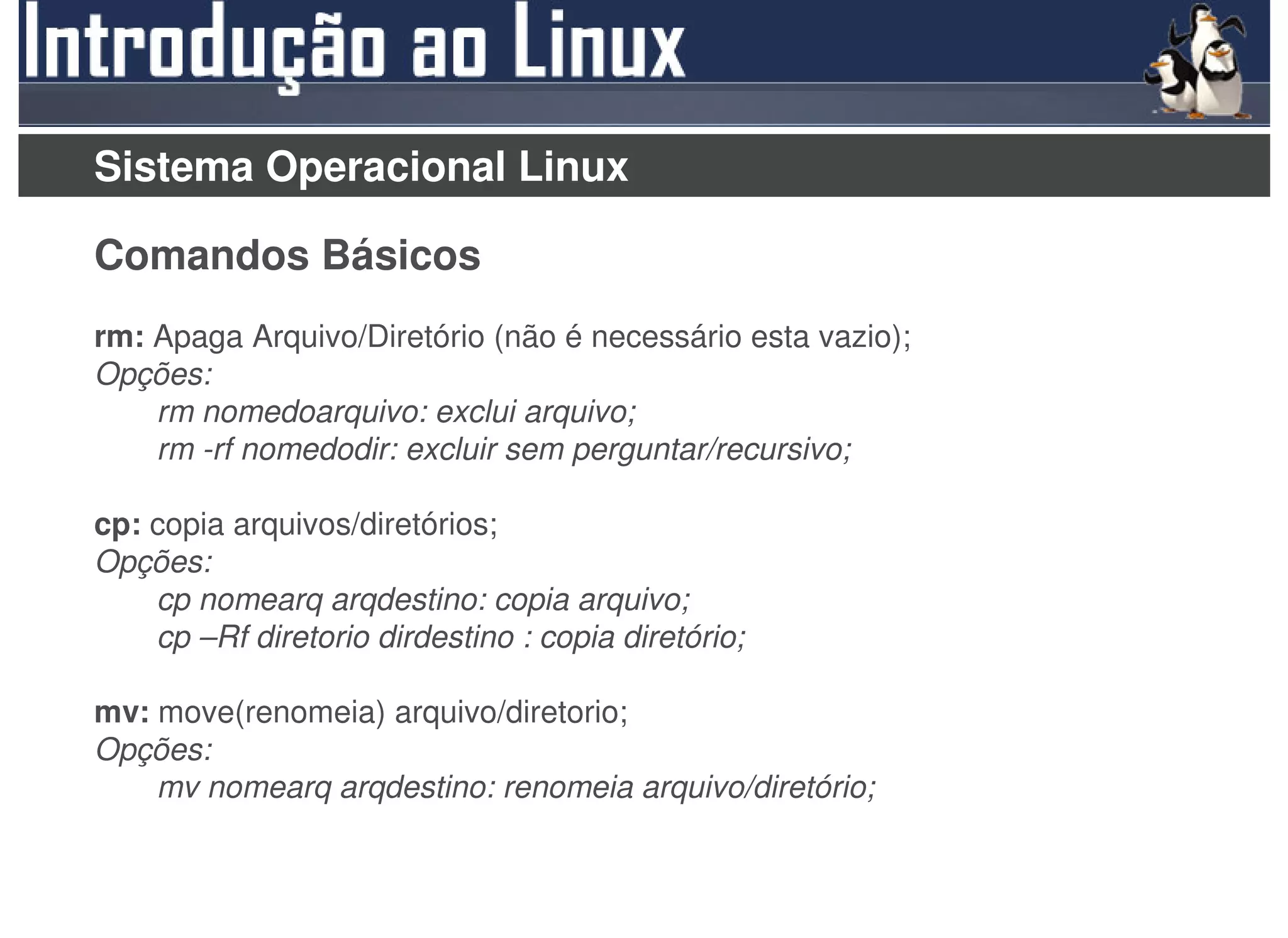 Sistema Operacional Linux

Comandos Básicos
rm: Apaga Arquivo/Diretório (não é necessário esta vazio);
Opções:
    rm nomedoarquivo: exclui arquivo;
    rm -rf nomedodir: excluir sem perguntar/recursivo;

cp: copia arquivos/diretórios;
Opções:
    cp nomearq arqdestino: copia arquivo;
    cp –Rf diretorio dirdestino : copia diretório;

mv: move(renomeia) arquivo/diretorio;
Opções:
    mv nomearq arqdestino: renomeia arquivo/diretório;
 
