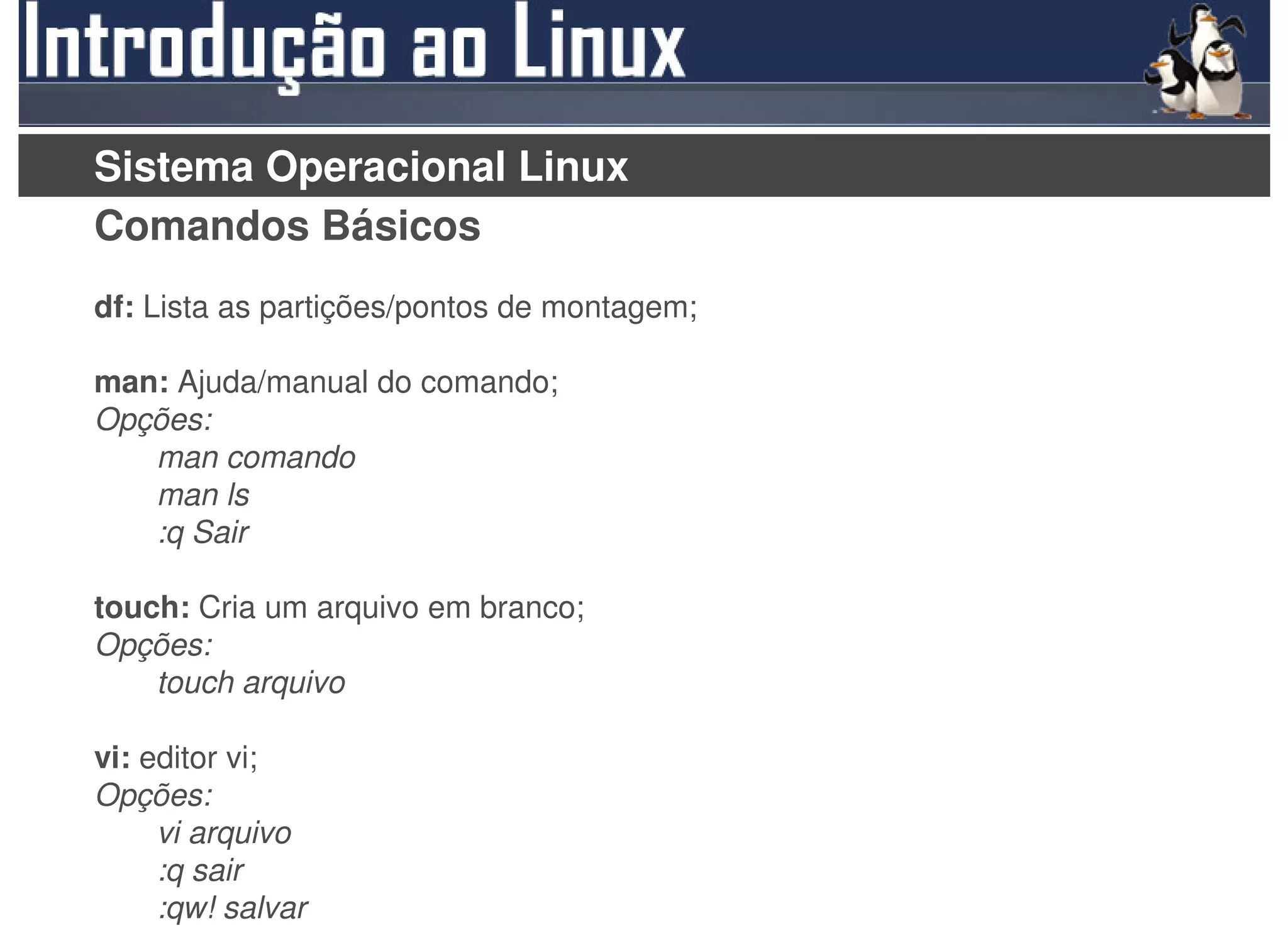 Sistema Operacional Linux
Comandos Básicos
df: Lista as partições/pontos de montagem;

man: Ajuda/manual do comando;
Opções:
   man comando
   man ls
   :q Sair

touch: Cria um arquivo em branco;
Opções:
    touch arquivo

vi: editor vi;
Opções:
     vi arquivo
     :q sair
     :qw! salvar
 
