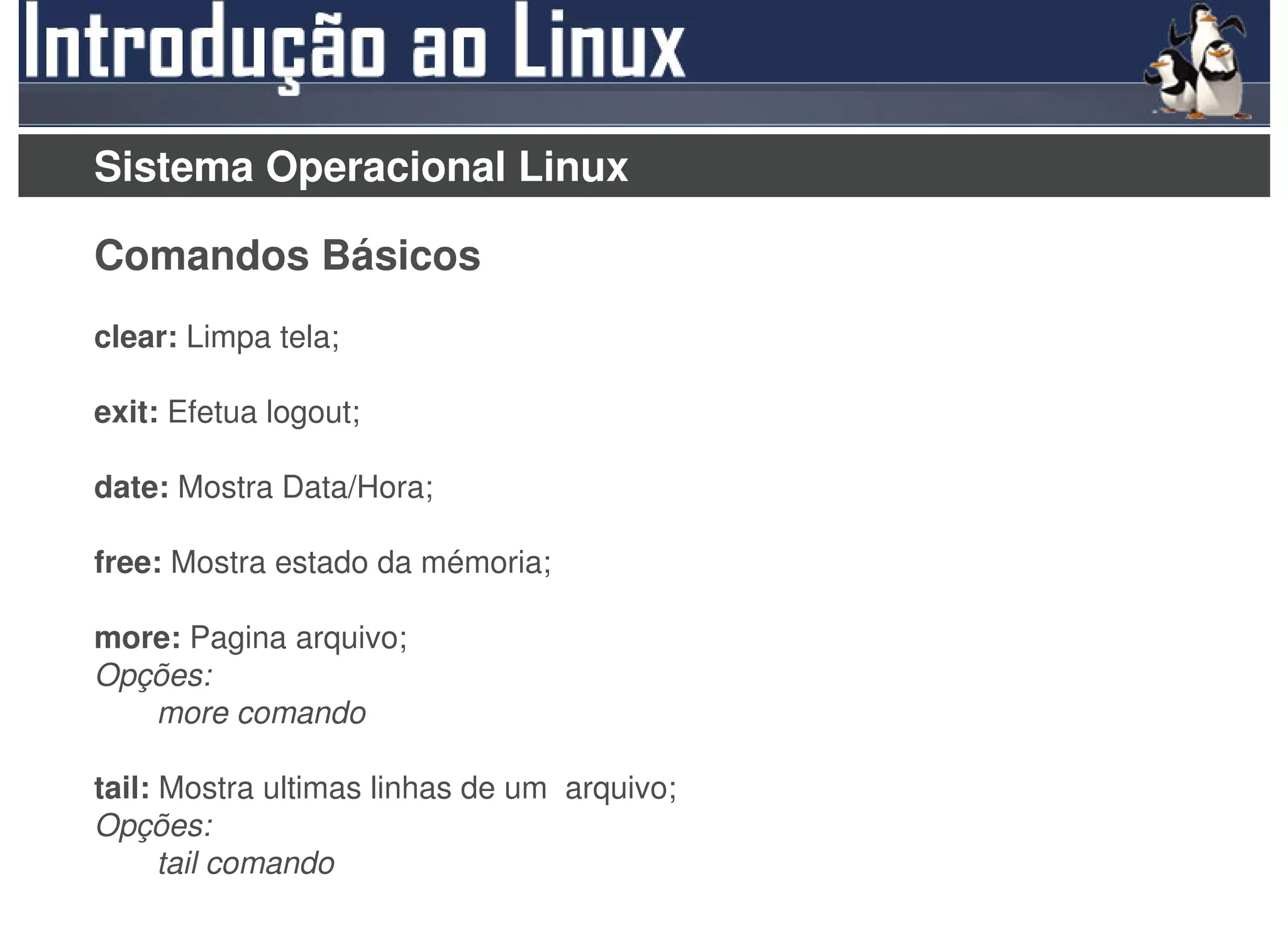 Sistema Operacional Linux

Comandos Básicos
clear: Limpa tela;

exit: Efetua logout;

date: Mostra Data/Hora;

free: Mostra estado da mémoria;

more: Pagina arquivo;
Opções:
   more comando

tail: Mostra ultimas linhas de um arquivo;
Opções:
      tail comando
 