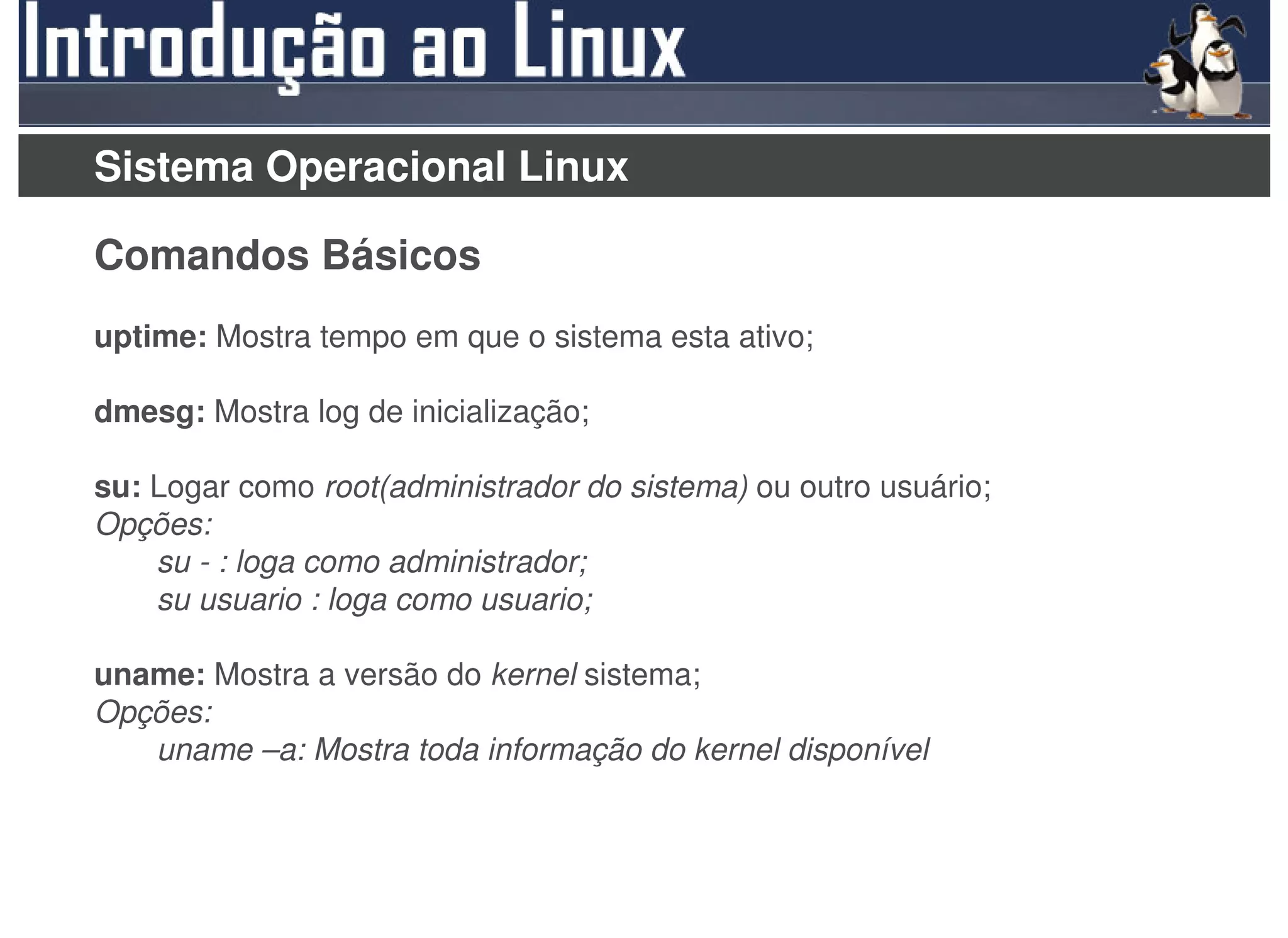 Sistema Operacional Linux

Comandos Básicos
uptime: Mostra tempo em que o sistema esta ativo;

dmesg: Mostra log de inicialização;

su: Logar como root(administrador do sistema) ou outro usuário;
Opções:
    su - : loga como administrador;
    su usuario : loga como usuario;

uname: Mostra a versão do kernel sistema;
Opções:
   uname –a: Mostra toda informação do kernel disponível
 