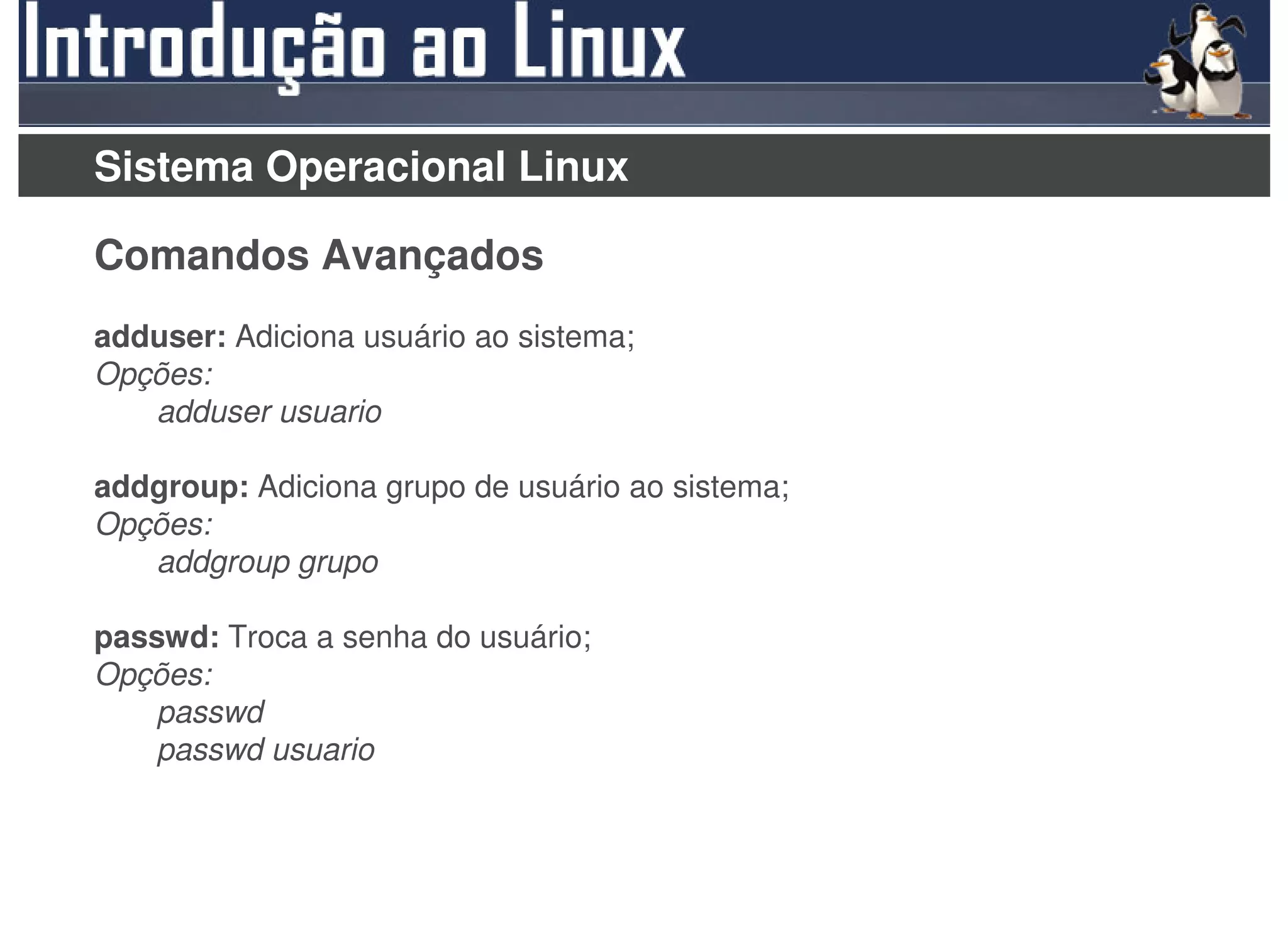 Sistema Operacional Linux

Comandos Avançados
adduser: Adiciona usuário ao sistema;
Opções:
   adduser usuario

addgroup: Adiciona grupo de usuário ao sistema;
Opções:
   addgroup grupo

passwd: Troca a senha do usuário;
Opções:
    passwd
    passwd usuario
 