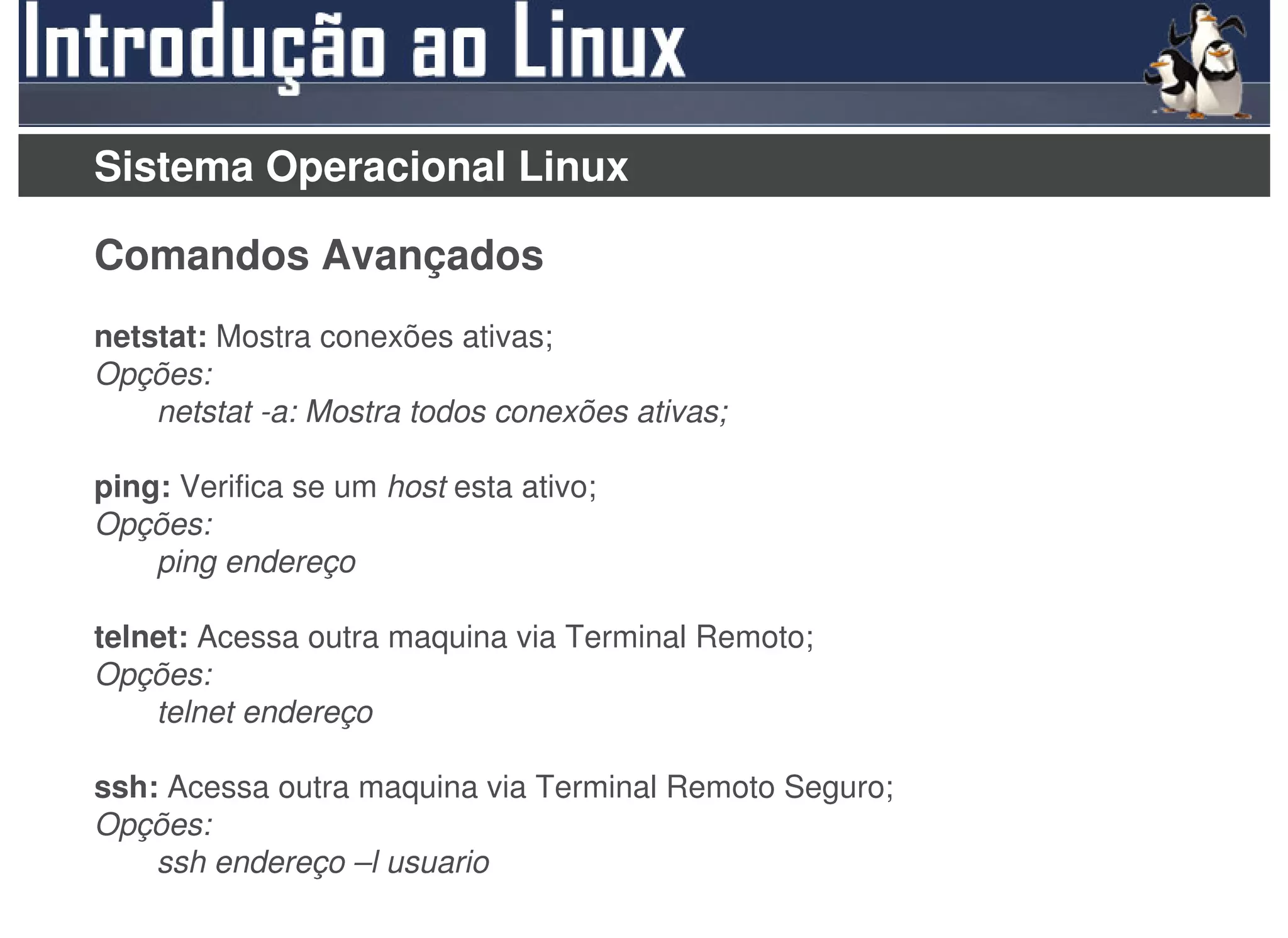 Sistema Operacional Linux

Comandos Avançados
netstat: Mostra conexões ativas;
Opções:
    netstat -a: Mostra todos conexões ativas;

ping: Verifica se um host esta ativo;
Opções:
    ping endereço

telnet: Acessa outra maquina via Terminal Remoto;
Opções:
    telnet endereço

ssh: Acessa outra maquina via Terminal Remoto Seguro;
Opções:
    ssh endereço –l usuario
 