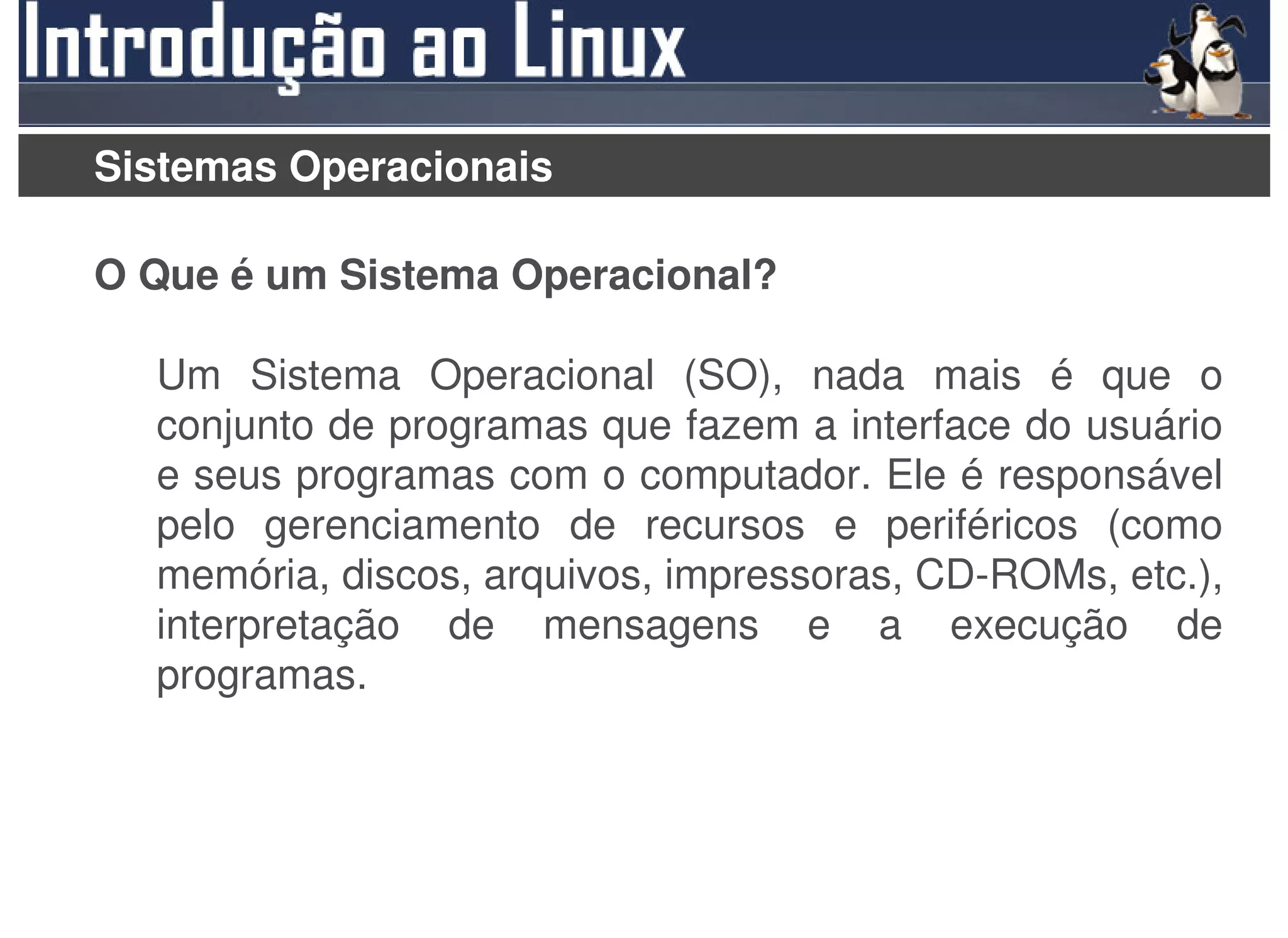 Sistemas Operacionais

O Que é um Sistema Operacional?

  Um Sistema Operacional (SO), nada mais é que o
  conjunto de programas que fazem a interface do usuário
  e seus programas com o computador. Ele é responsável
  pelo gerenciamento de recursos e periféricos (como
  memória, discos, arquivos, impressoras, CD-ROMs, etc.),
  interpretação de mensagens e a execução de
  programas.
 