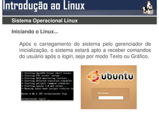 Sistema Operacional Linux

Iniciando o Linux...

   Após o carregamento do sistema pelo gerenciador de
   inicialização, o sistema estará apto a receber comandos
   do usuário após o login, seja por modo Texto ou Gráfico.
 