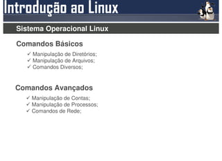 Sistema Operacional Linux

Comandos Básicos
    Manipulação de Diretórios;
    Manipulação de Arquivos;
    Comandos Diversos;


Comandos Avançados
    Manipulação de Contas;
    Manipulação de Processos;
    Comandos de Rede;
 