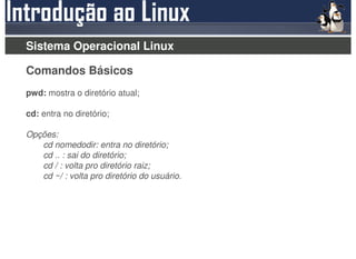 Sistema Operacional Linux

Comandos Básicos
pwd: mostra o diretório atual;

cd: entra no diretório;

Opções:
   cd nomedodir: entra no diretório;
   cd .. : sai do diretório;
   cd / : volta pro diretório raiz;
   cd ~/ : volta pro diretório do usuário.
 