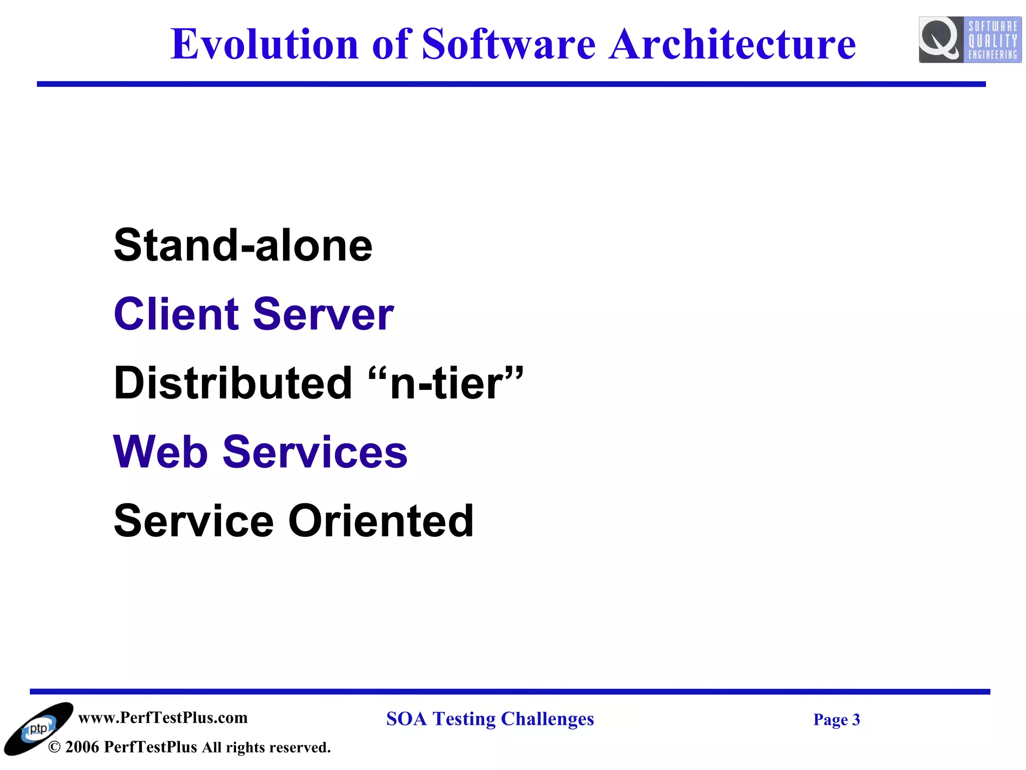 Evolution of Software Architecture



         Stand-alone
         Client Server
         Distributed “n-tier”
         Web Services
         Service Oriented



    www.PerfTestPlus.com                   SOA Testing Challenges   Page 3
© 2006 PerfTestPlus All rights reserved.
 