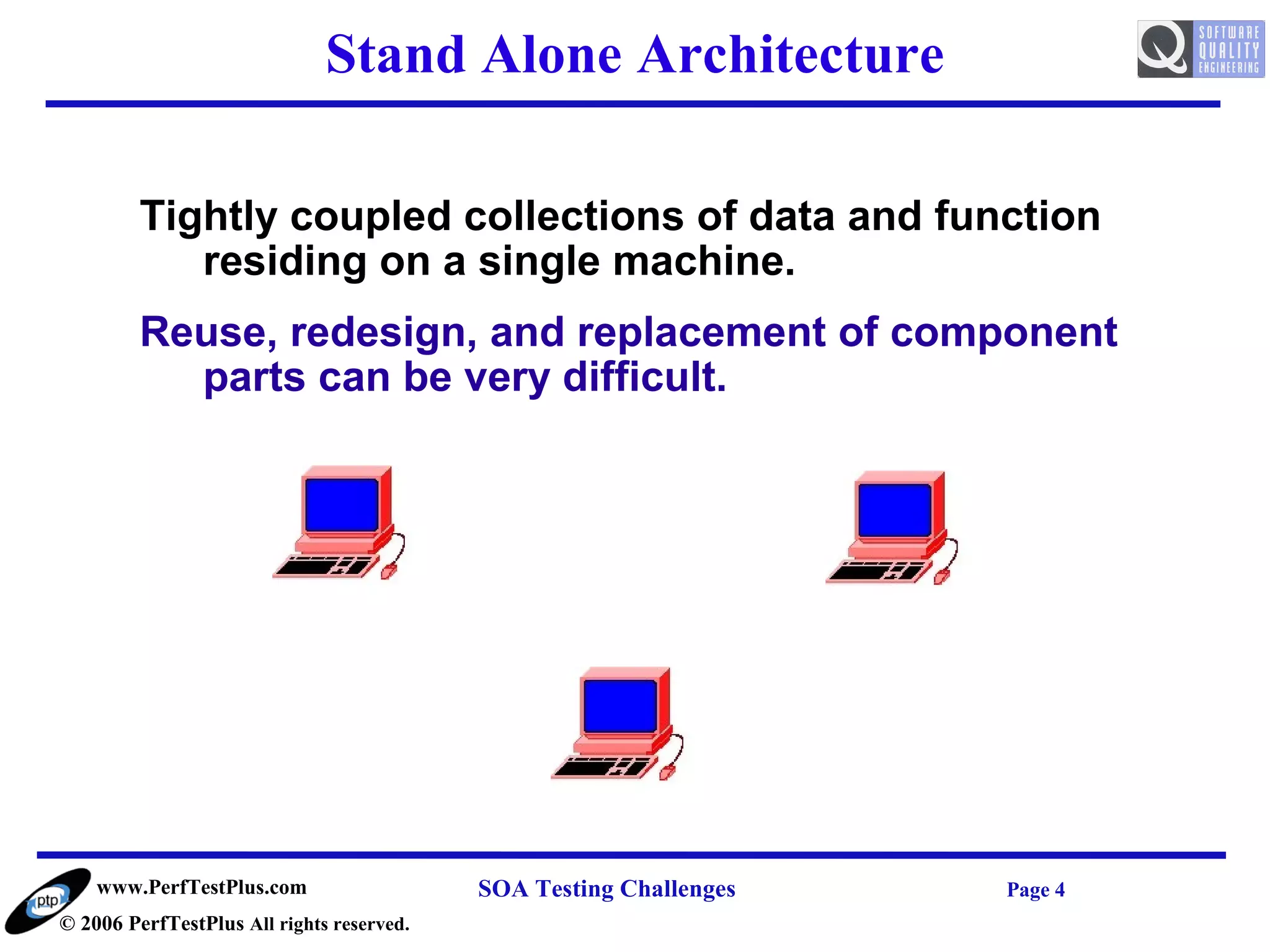 Stand Alone Architecture

         Tightly coupled collections of data and function
            residing on a single machine.
         Reuse, redesign, and replacement of component
           parts can be very difficult.




    www.PerfTestPlus.com                   SOA Testing Challenges   Page 4
© 2006 PerfTestPlus All rights reserved.
 