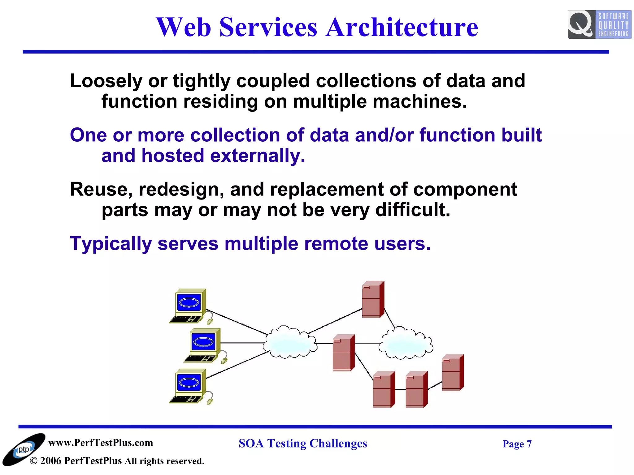 Web Services Architecture
         Loosely or tightly coupled collections of data and
            function residing on multiple machines.
         One or more collection of data and/or function built
           and hosted externally.
         Reuse, redesign, and replacement of component
            parts may or may not be very difficult.
         Typically serves multiple remote users.




    www.PerfTestPlus.com                   SOA Testing Challenges   Page 7
© 2006 PerfTestPlus All rights reserved.
 