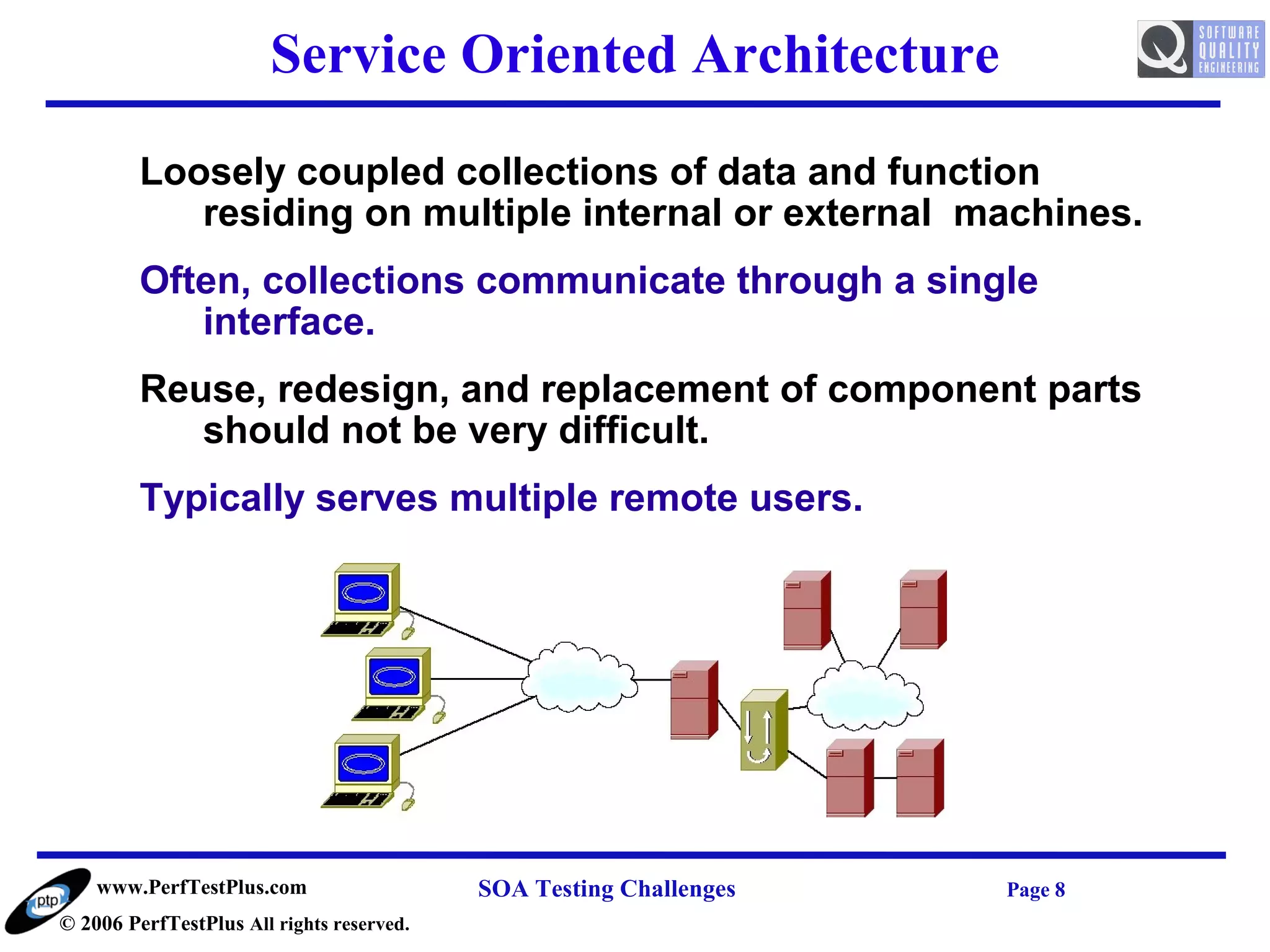 Service Oriented Architecture
         Loosely coupled collections of data and function
            residing on multiple internal or external machines.
         Often, collections communicate through a single
            interface.
         Reuse, redesign, and replacement of component parts
            should not be very difficult.
         Typically serves multiple remote users.




    www.PerfTestPlus.com                   SOA Testing Challenges   Page 8
© 2006 PerfTestPlus All rights reserved.
 