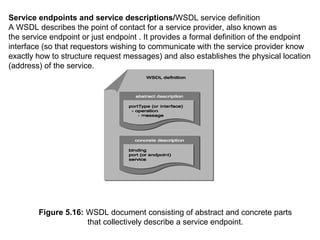 Figure 5.16: WSDL document consisting of abstract and concrete parts
that collectively describe a service endpoint.
Service endpoints and service descriptions/WSDL service definition
A WSDL describes the point of contact for a service provider, also known as
the service endpoint or just endpoint . It provides a formal definition of the endpoint
interface (so that requestors wishing to communicate with the service provider know
exactly how to structure request messages) and also establishes the physical location
(address) of the service.
 