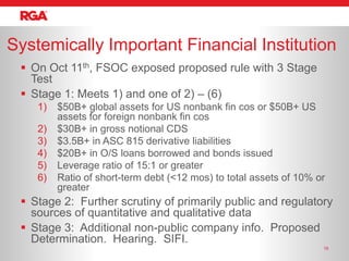 Systemically Important Financial Institution
  On Oct 11th, FSOC exposed proposed rule with 3 Stage
   Test
  Stage 1: Meets 1) and one of 2) – (6)
    1)   $50B+ global assets for US nonbank fin cos or $50B+ US
         assets for foreign nonbank fin cos
    2)   $30B+ in gross notional CDS
    3)   $3.5B+ in ASC 815 derivative liabilities
    4)   $20B+ in O/S loans borrowed and bonds issued
    5)   Leverage ratio of 15:1 or greater
    6)   Ratio of short-term debt (<12 mos) to total assets of 10% or
         greater
  Stage 2: Further scrutiny of primarily public and regulatory
   sources of quantitative and qualitative data
  Stage 3: Additional non-public company info. Proposed
   Determination. Hearing. SIFI.
                                                                    18
 