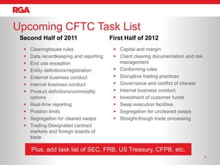 Upcoming CFTC Task List
 Second Half of 2011                     First Half of 2012
     Clearinghouse rules                  Capital and margin
     Data recordkeeping and reporting     Client clearing documentation and risk
     End use exception                     management
     Entity definitions/registration      Conforming rules
     External business conduct            Disruptive trading practices
     Internal business conduct            Governance and conflict of interest
     Product definitions/commodity        Internal business conduct
      options                              Investment of customer funds
     Real-time reporting                  Swap execution facilities
     Position limits                      Segregation for uncleared swaps
     Segregation for cleared swaps        Straight-though trade processing
     Trading-Designated contract
      markets and foreign boards of
      trade

      Plus, add task list of SEC, FRB, US Treasury, CFPB, etc.
                                                                                     21
 