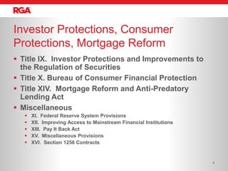 Investor Protections, Consumer
Protections, Mortgage Reform
 Title IX. Investor Protections and Improvements to
  the Regulation of Securities
 Title X. Bureau of Consumer Financial Protection
 Title XIV. Mortgage Reform and Anti-Predatory
  Lending Act
 Miscellaneous
      XI. Federal Reserve System Provisions
      XII. Improving Access to Mainstream Financial Institutions
      XIII. Pay It Back Act
      XV. Miscellaneous Provisions
      XVI. Section 1256 Contracts


                                                                    6
 
