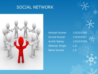 SOCIAL NETWORK




            Ankush Kumar    110101050
            Arvind Kumar    110101057
            Archit Sahay    110101050
            Abhinav Singh   L.E.
            Rahul Kumar     L.E.
 