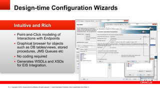 Design-time Configuration Wizards

         Intuitive and Rich
         §  Point-and-Click modeling of
             Interactions with Endpoints
         §  Graphical browser for objects
             such as DB tables/views, stored
             procedures, JMS Queues etc
         §  No coding required
         §  Generates WSDLs and XSDs
             for EIS Integration.




12   Copyright © 2012, Oracle and/or its affiliates. All rights reserved.   Insert Information Protection Policy Classification from Slide 13
 