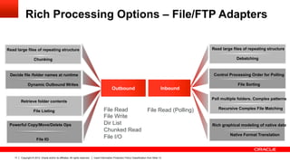 Rich Processing Options – File/FTP Adapters

Read large files of repeating structure                                                                                                                   Read large files of repeating structure

                     Chunking                                                                                                                                          Debatching



 Decide file /folder names at runtime                                                                                                                      Control Processing Order for Polling

               Dynamic Outbound Writes                                                                                                                                 File Sorting
                                                                                                 Outbound                                       Inbound

                                                                                                                                                          Poll multiple folders. Complex patterns
         Retrieve folder contents

                                                                                         File Read                                                           Recursive Complex File Matching
                     File Listing                                                                                                  File Read (Polling)
                                                                                         File Write
 Powerful Copy/Move/Delete Ops                                                           Dir List                                                         Rich graphical modeling of native data
                                                                                         Chunked Read
                                                                                                                                                                   Native Format Translation
                        File IO
                                                                                         File I/O


    17   Copyright © 2012, Oracle and/or its affiliates. All rights reserved.   Insert Information Protection Policy Classification from Slide 13
 