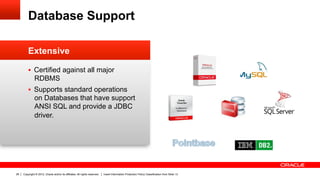 Database Support

         Extensive

         §  Certified against all major
              RDBMS
         §  Supports standard operations
              on Databases that have support
              ANSI SQL and provide a JDBC
              driver.




26   Copyright © 2012, Oracle and/or its affiliates. All rights reserved.   Insert Information Protection Policy Classification from Slide 13
 