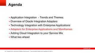 Agenda


          §  Application Integration - Trends and Themes
          §  Overview of Oracle Integration Adapters
          §  Technology Integration with Enterprise Applications
          §  Adapters for Enterprise Applications and Mainframes
          §  Adding Cloud Integration to your Service Mix
          §  What lies ahead




28   Copyright © 2012, Oracle and/or its affiliates. All rights reserved.   Insert Information Protection Policy Classification from Slide 13
 