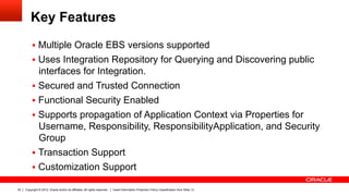 Key Features
          §  Multiple Oracle EBS versions supported
          §  Uses Integration Repository for Querying and Discovering public
               interfaces for Integration.
          §  Secured and Trusted Connection
          §  Functional Security Enabled
          §  Supports propagation of Application Context via Properties for
              Username, Responsibility, ResponsibilityApplication, and Security
              Group
          §  Transaction Support
          §  Customization Support

32   Copyright © 2012, Oracle and/or its affiliates. All rights reserved.   Insert Information Protection Policy Classification from Slide 13
 