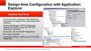 Design-time Configuration with Application
                Explorer
                Intuitive and Rich
§  Point-and-Click modeling of Service/Event
      interactions at design-time using Application
      Explorer.
§    Graphically Browse SAP R/3 Business
      Objects and BAPIs using the SAP BO
      Repository interface
§    Generate JCA and SOAP integrations
§    No coding required
§    Generates WSDLs, XSDs and JCA for EIS
      Integration.




       37   Copyright © 2012, Oracle and/or its affiliates. All rights reserved.   Insert Information Protection Policy Classification from Slide 13
 