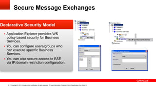 Secure Message Exchanges

Declarative Security Model
 §  Application Explorer provides WS
     policy based security for Business
     Services.
 §  You can configure users/groups who
     can execute specific Business
     Services.
 §  You can also secure access to BSE
     via IP/domain restriction configuration.




    39   Copyright © 2012, Oracle and/or its affiliates. All rights reserved.   Insert Information Protection Policy Classification from Slide 13
 