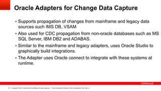Oracle Adapters for Change Data Capture

          §  Supports propagation of changes from mainframe and legacy data
              sources such IMS DB, VSAM
          §  Also used for CDC propagation from non-oracle databases such as MS
              SQL Server, IBM DB2 and ADABAS.
          §  Similar to the mainframe and legacy adapters, uses Oracle Studio to
              graphically build integrations.
          §  The Adapter uses Oracle connect to integrate with these systems at
              runtime.




41   Copyright © 2012, Oracle and/or its affiliates. All rights reserved.   Insert Information Protection Policy Classification from Slide 13
 